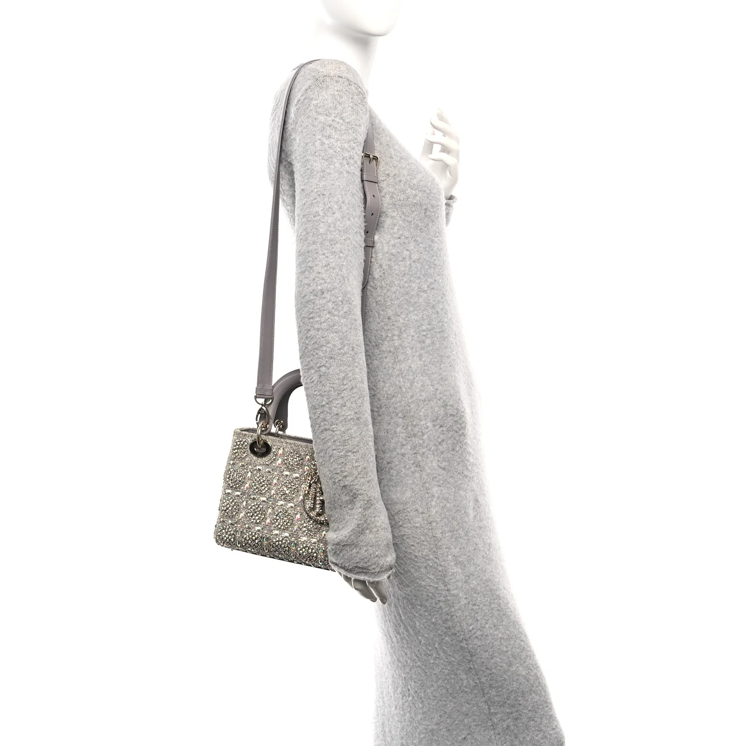 Calfskin Satin Celestial Bead Embroidery Embroidered Small Lady Dior Grey Multicolor