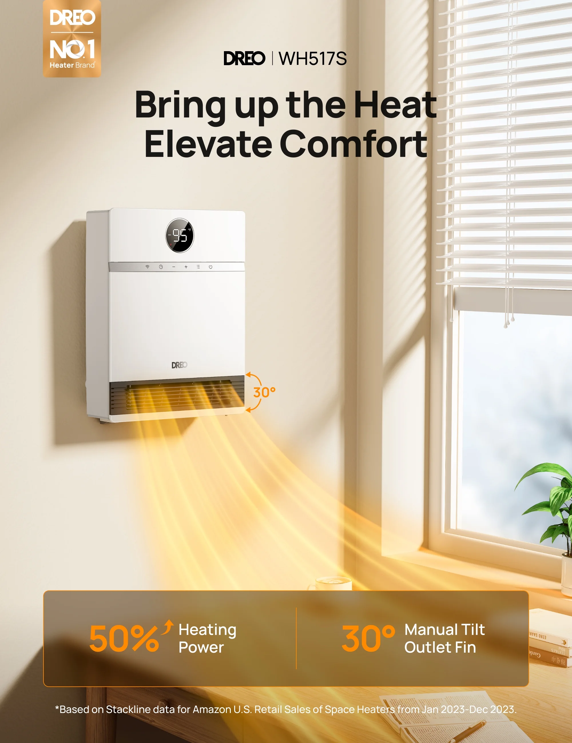 Dreo Smart Wall Heater, IP24 Electric PTC Space for Indoor Use, 30 Oscillation, Adjustable Thermostat, Remote Control, Works with Alexa, 24H Timer, Easy - Mounted for Bedroom, Office