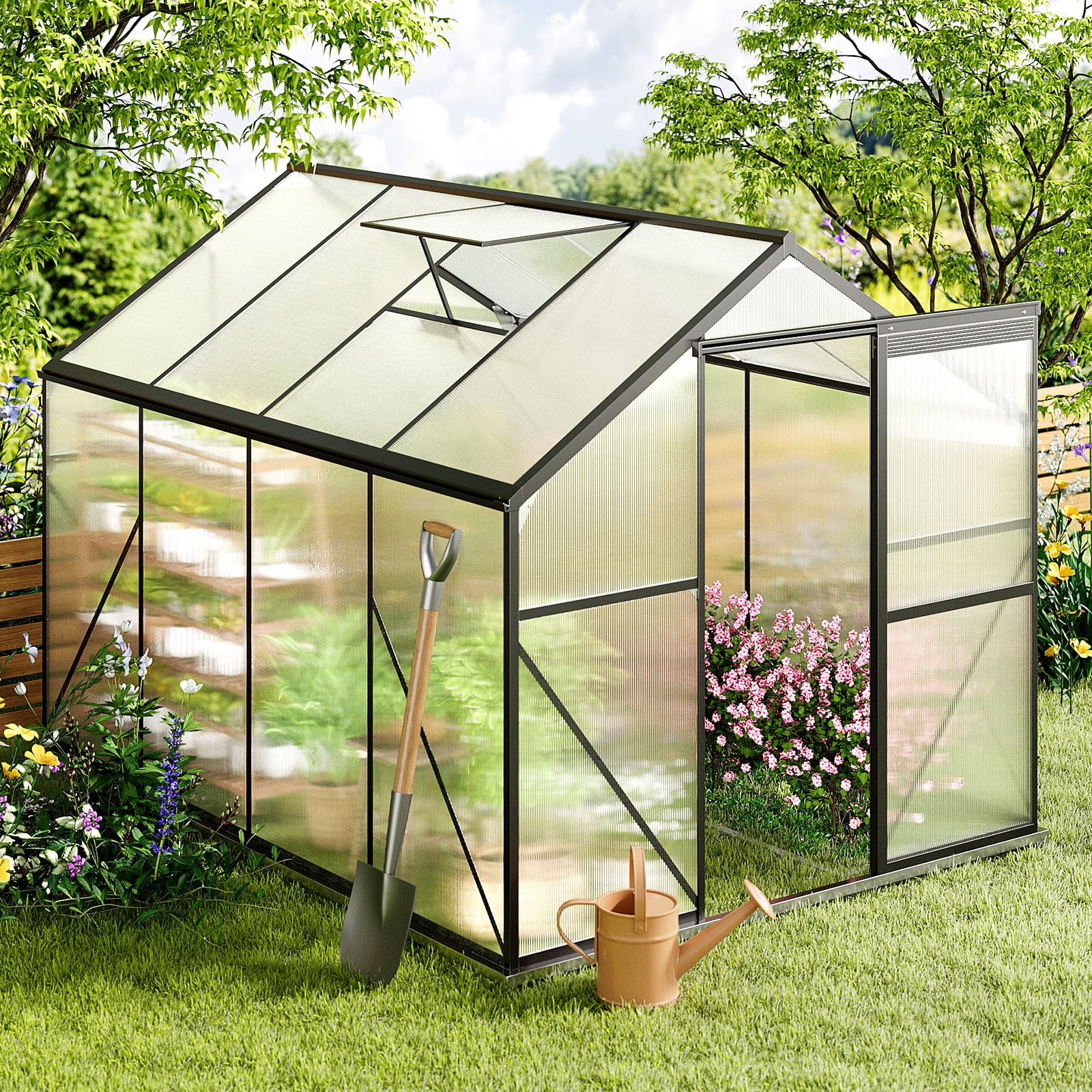 8x6 FT Greenhouse with Lockable Hinged Door Vent Window, Polycarbonate Walk-in Winter Greenhouse Sunroom, Black - Image 9