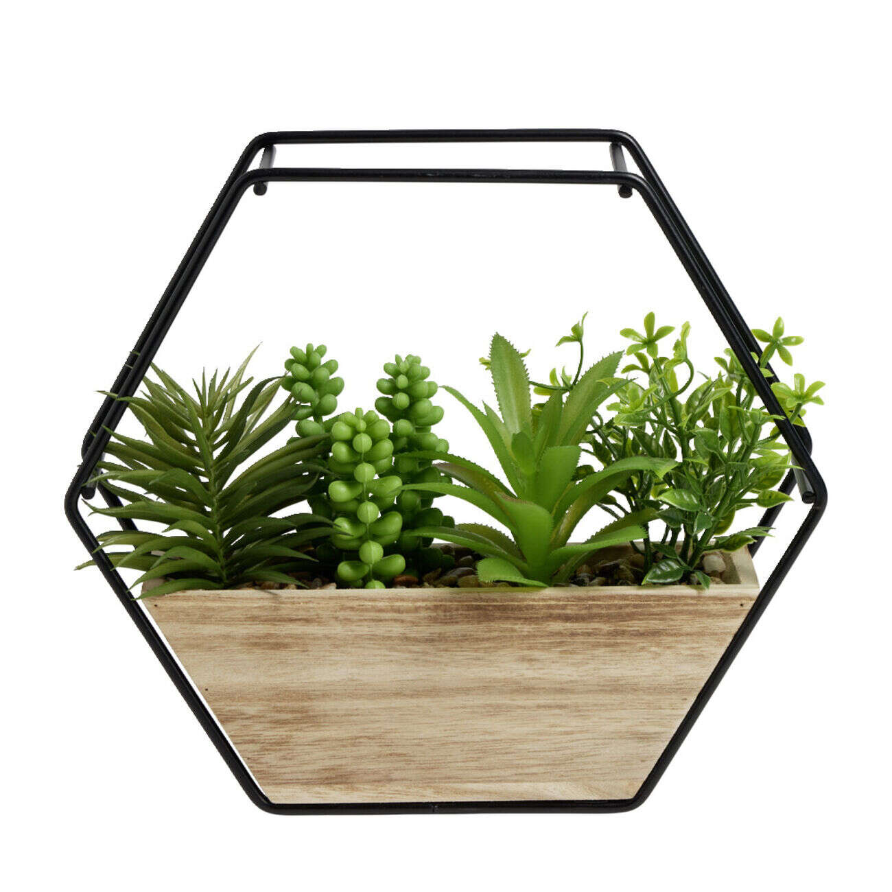 Pot hexagonal avec plantes vertes artificielles en bois et métal 20,5x5xH20,5cm