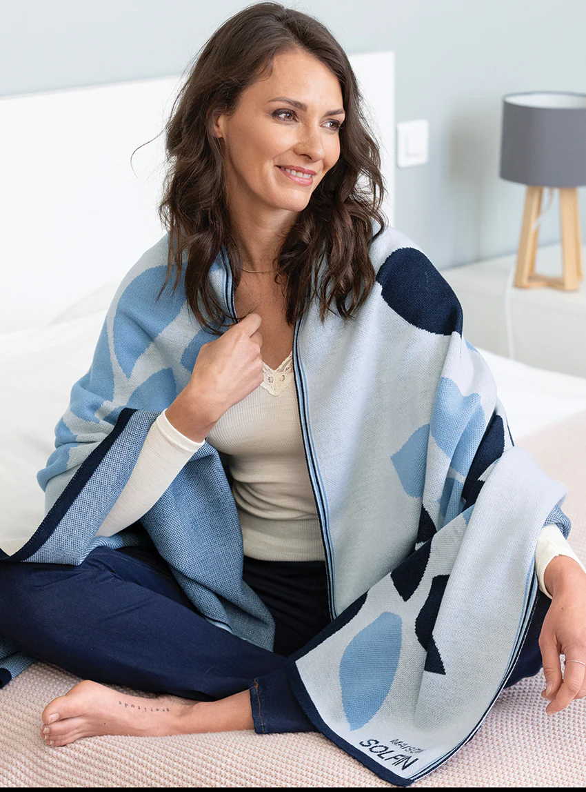 Plaid adulte en laine mérinos bleu