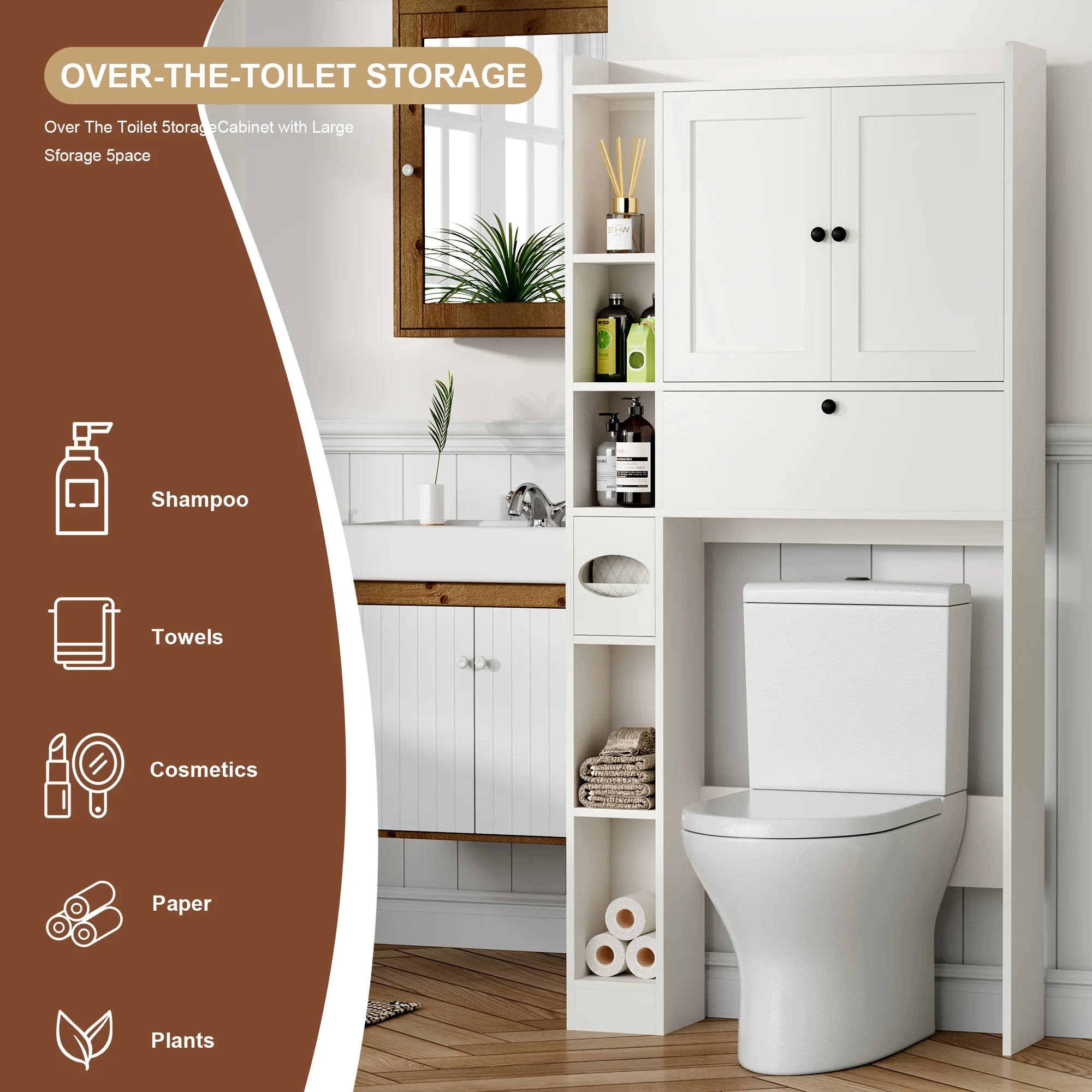 Over The Toilet Storage Cabinet,Bathroom Storage Cabinet with Wooden Doors,Bathroom Organizer Over-The-Toilet Cabinet(White)(White) - Image 4