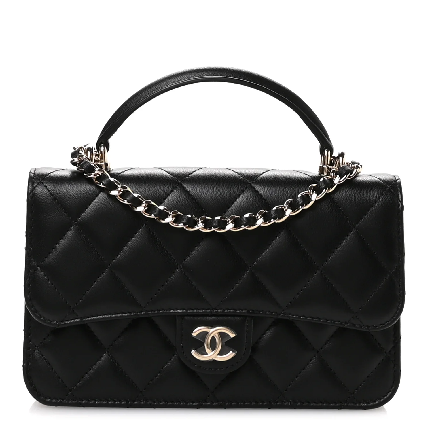 Lambskin Quilted Flap Phone Holder With Chain Black