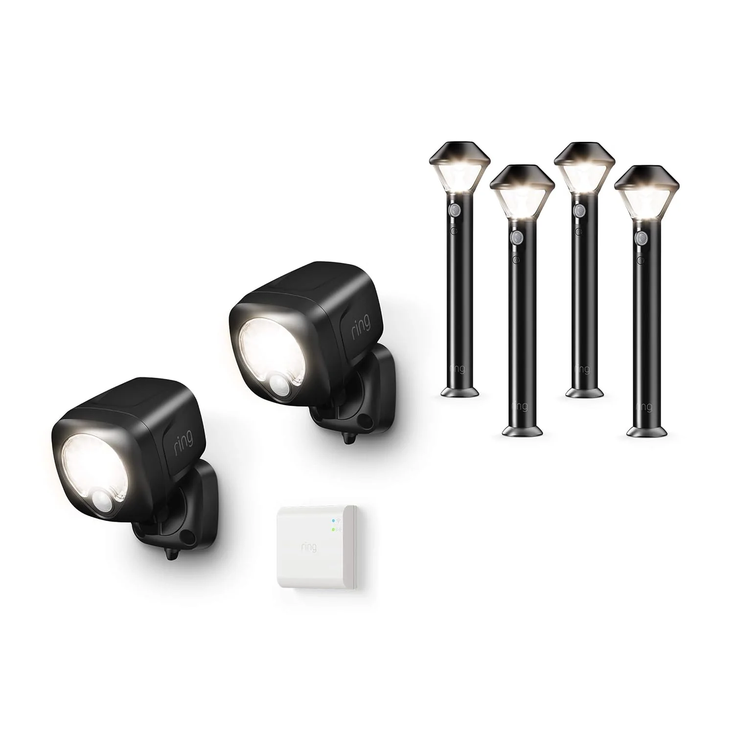 Ring Smart Lighting – Spotlight, Battery-Powered, Outdoor Motion-Sensor Security Light, White (Starter Kit: 2-pack) – Bundle with 4 Pathlights