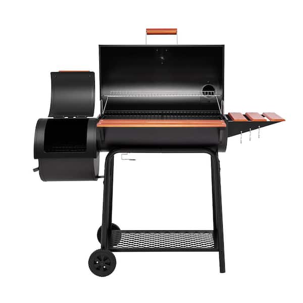 Barrel Charcoal Grill in Black with Offset Smoker. 811 sq. in. Cooking Space. Wood-Painted Side Table
