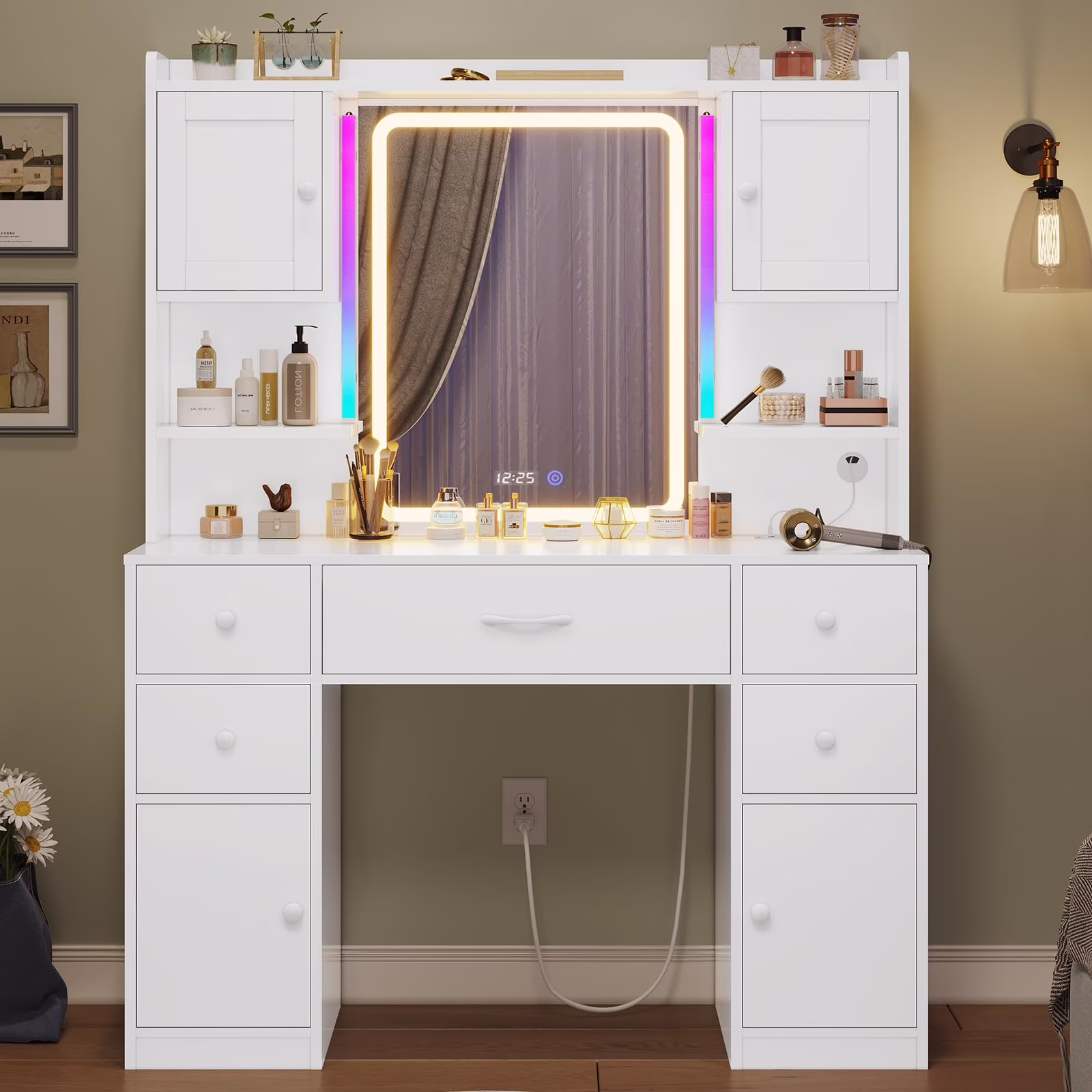 Large Vanity Desk with Lighted Mirror, 5 Drawers Makeup Vanity with Charging Station and Smart Mirror, White(White)