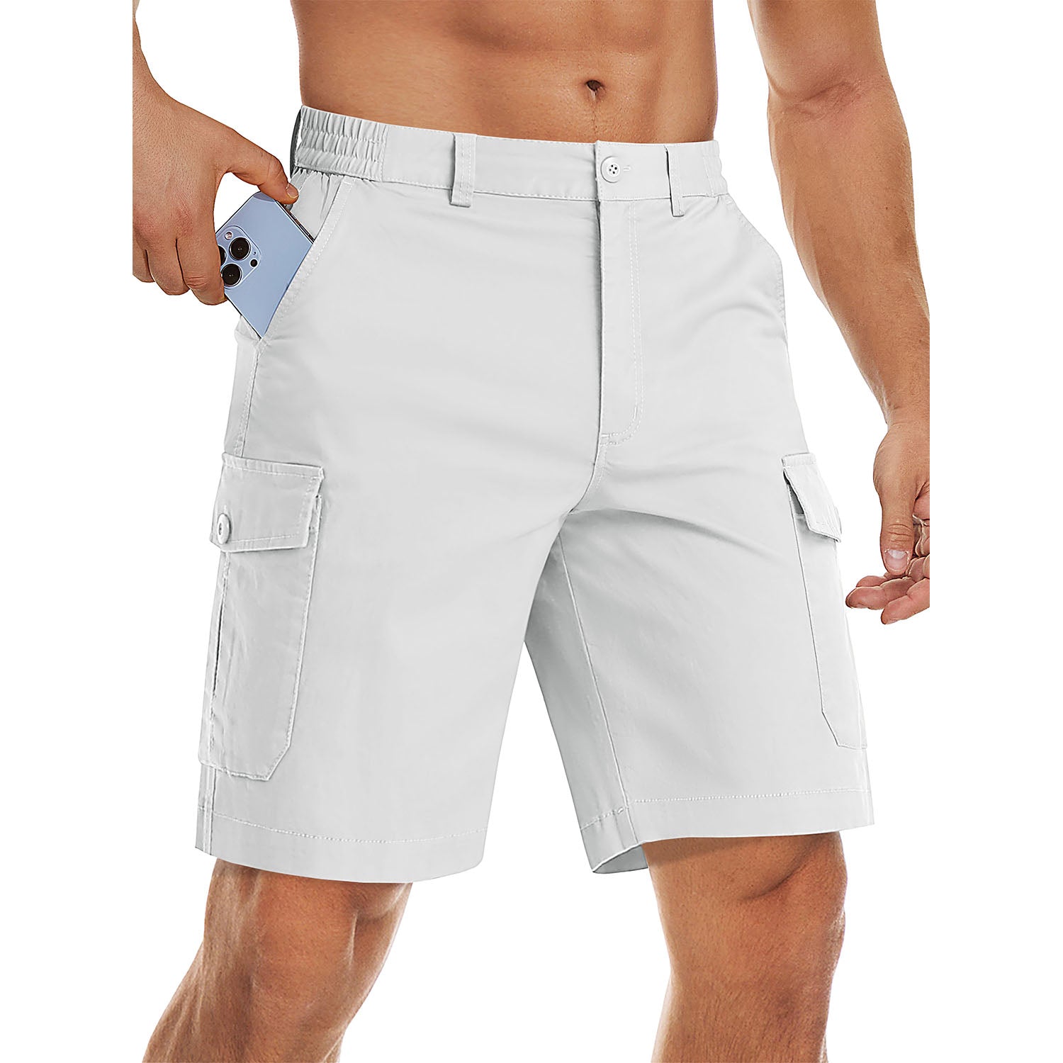 Short cargo homme à poches multiples, idéal pour le travail. Taille élastique. Short décontracté en coton.