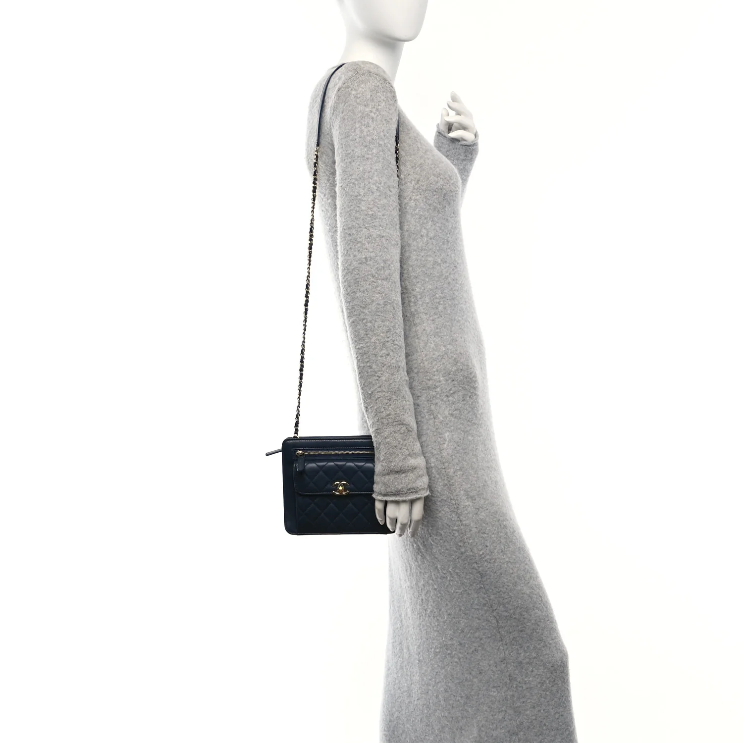 Lambskin Quilted Square Front Pocket Clutch With Chain Navy Blue