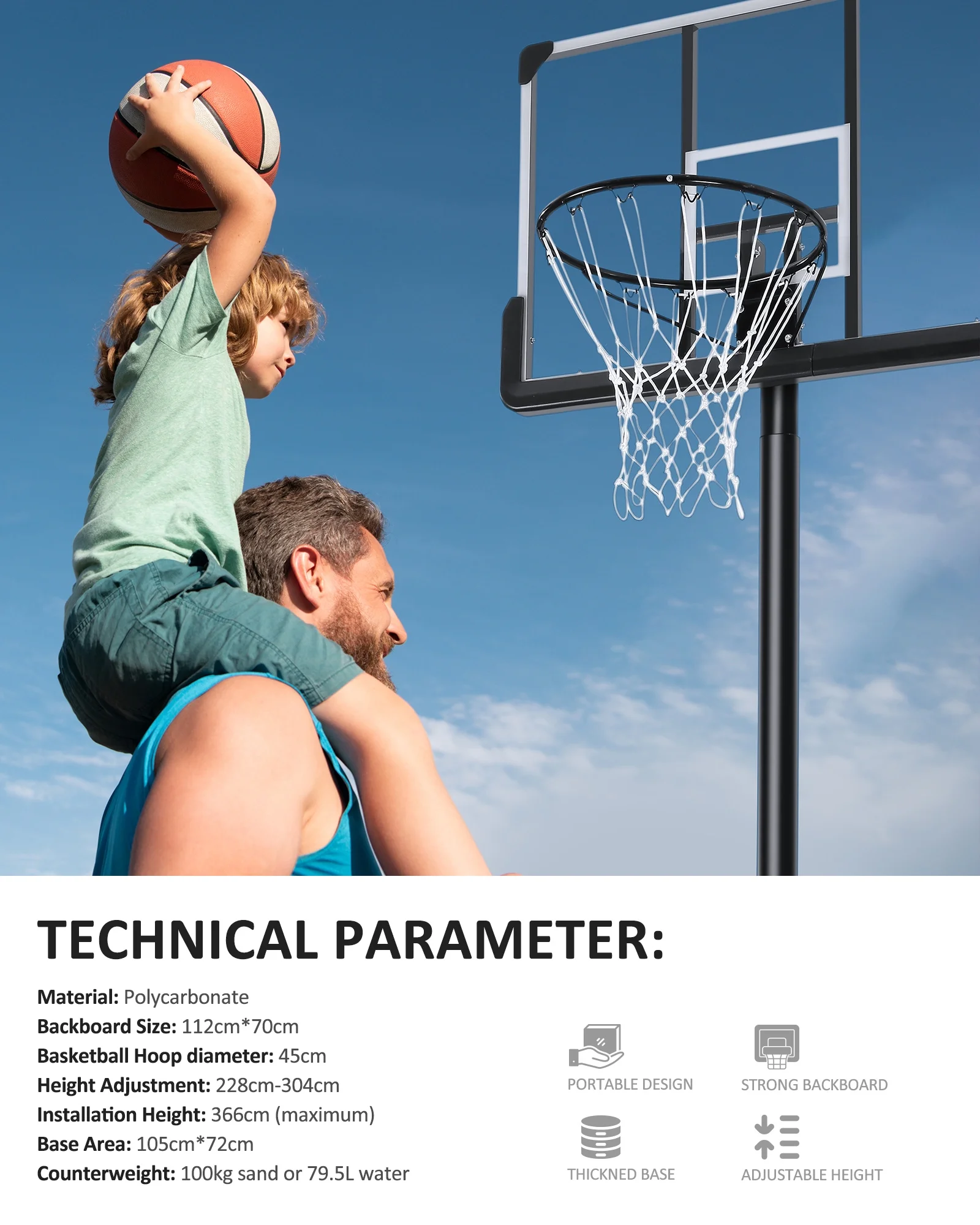 44In Portable Basketball Hoop System 6.5 ft to 10 ft Height Adjustable Basketball Goal with Large Backboard Base and Wheels for Teenagers Adults outdoor Use Fathers Day Gifts - Image 3