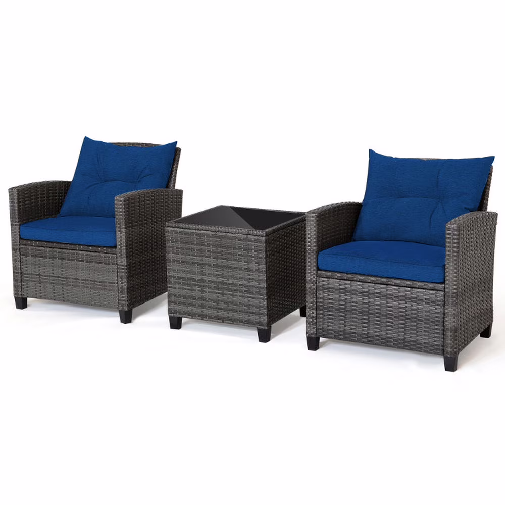 Kadyn Outdoor Seating Sets, Garden Conversation Sets, 3 Pieces Outdoor Wicker Conversation Set with Tempered Glass Tabletop - Navy