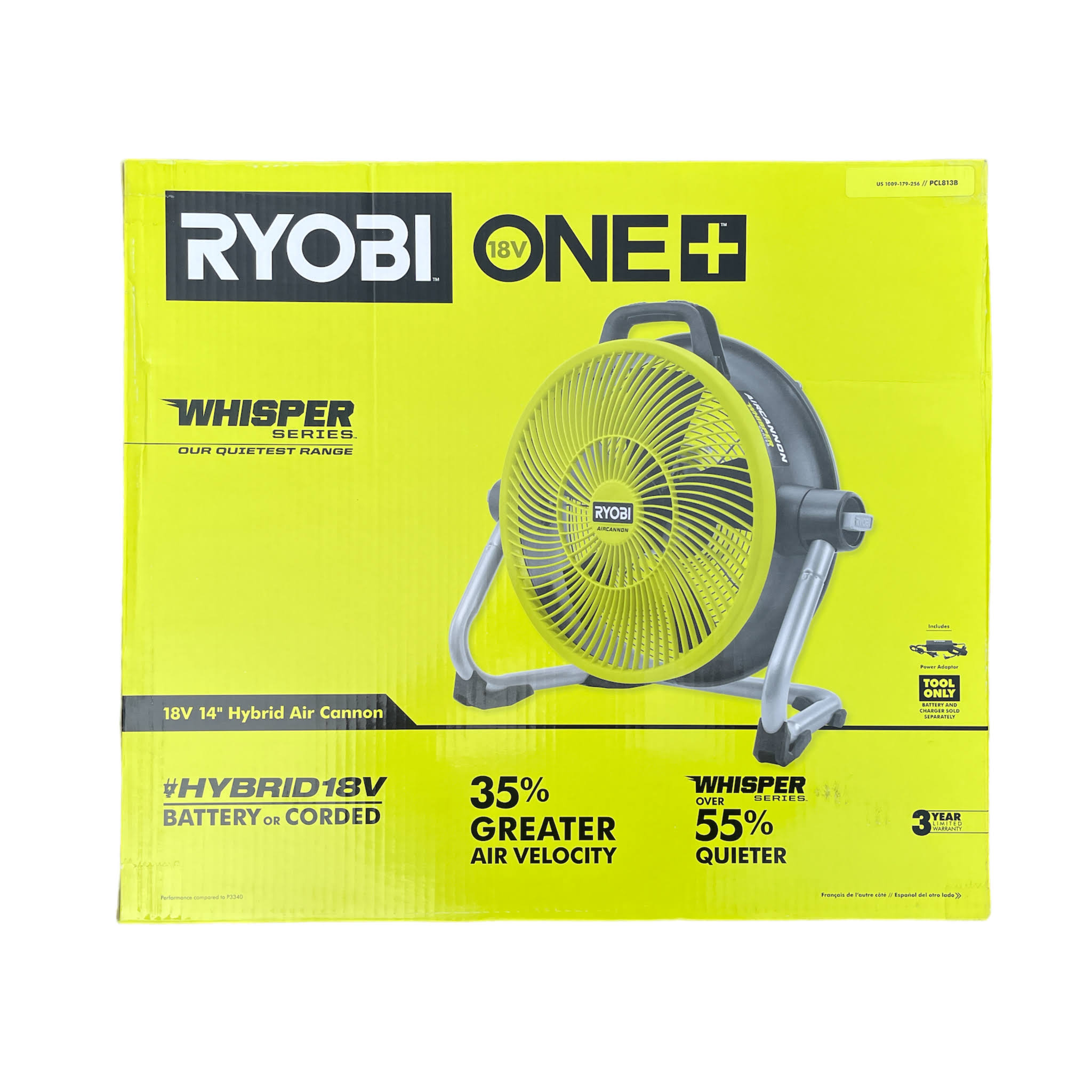 Ryobi PCL813B ONE+ 18V Cordless Hybrid Whisper Series 14 in. Air Cannon Fan (Tool Only)