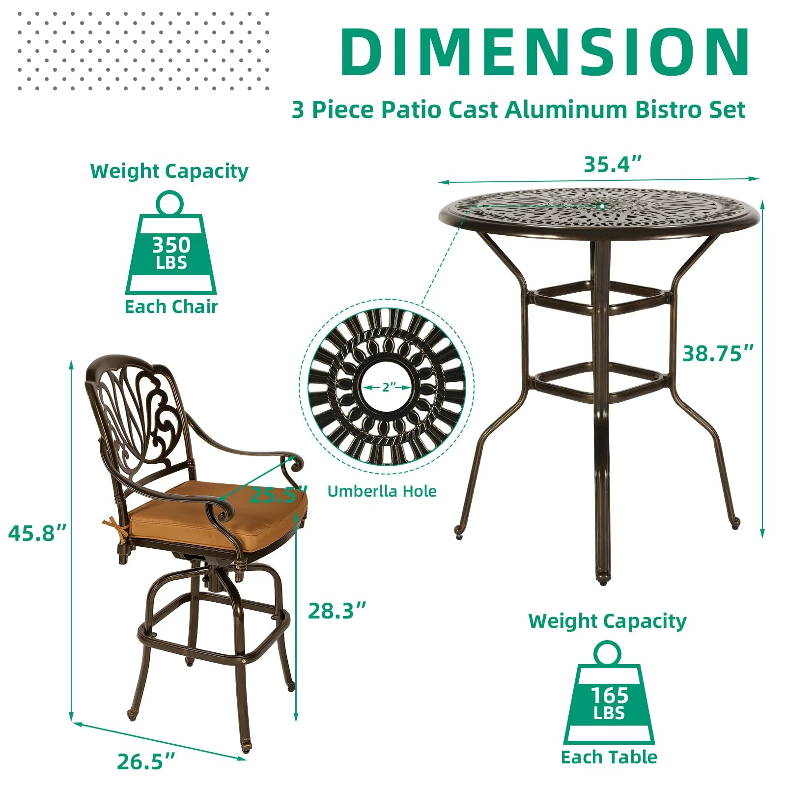 35.2" Patio Height Bar Table, All-Weather Cast Aluminum Bar Bistro Table Outdoor Patio Round Dining Table with Umbrella Hole for Balcony, Lawn, Garden, Backyard, Antique Bronze(35.2" Patio Height Bar Table) - Image 10