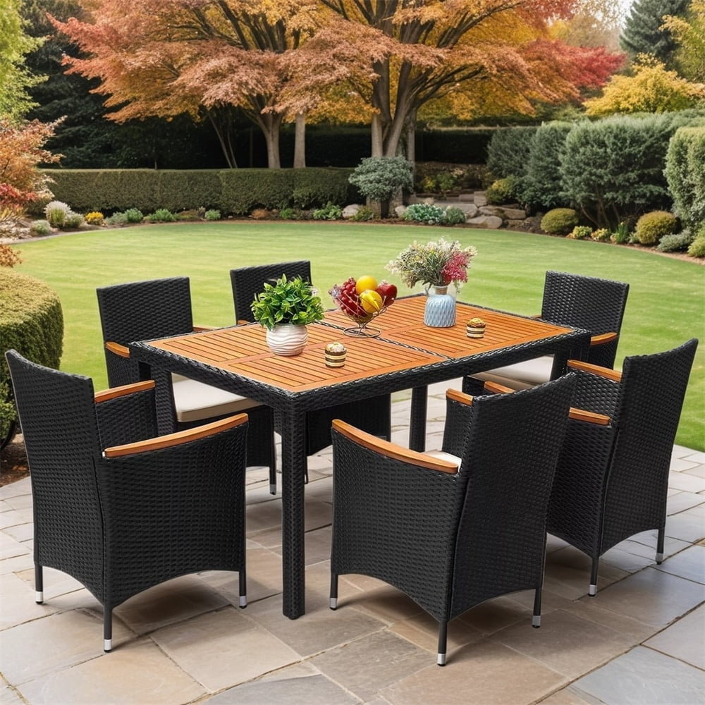 7 Pieces Outdoor Patio Dining Set, Patio Wicker Furniture Dining Set with 6 Chairs and Acacia Wood Top for Yard, Garden, Porch and Poolside, Black - Image 9