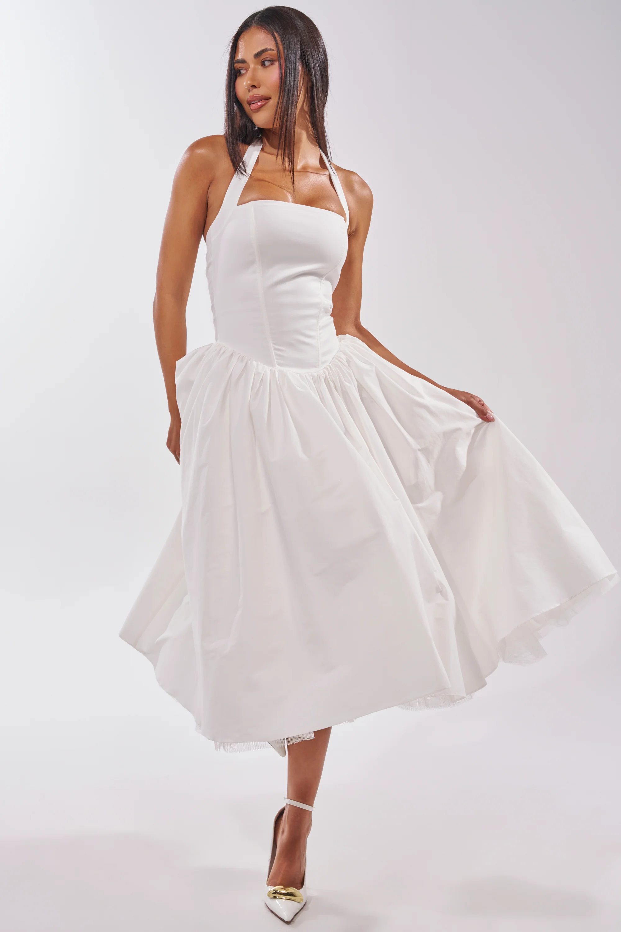 SUNDAY AFTERNOON POPLIN MIDI DRESS IN WHITE - Akira Store