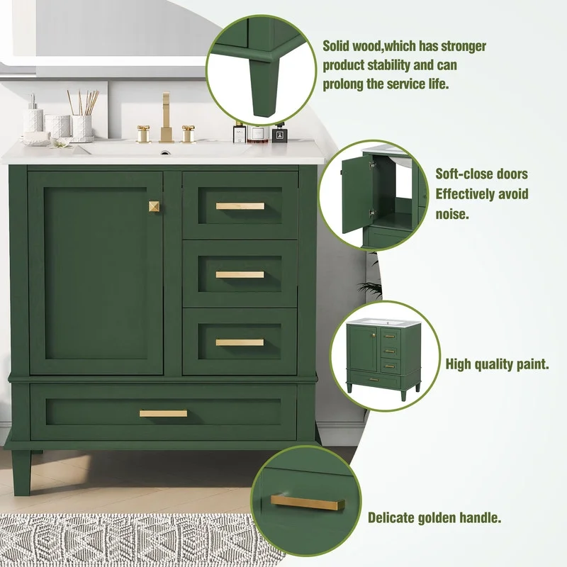 30" Bathroom Vanity with Sink, Modern bathroom sink cabinet with Soft-Close storage Drawers, Freestanding Vanity with Ceramic Top (Green)(Green) - Image 8