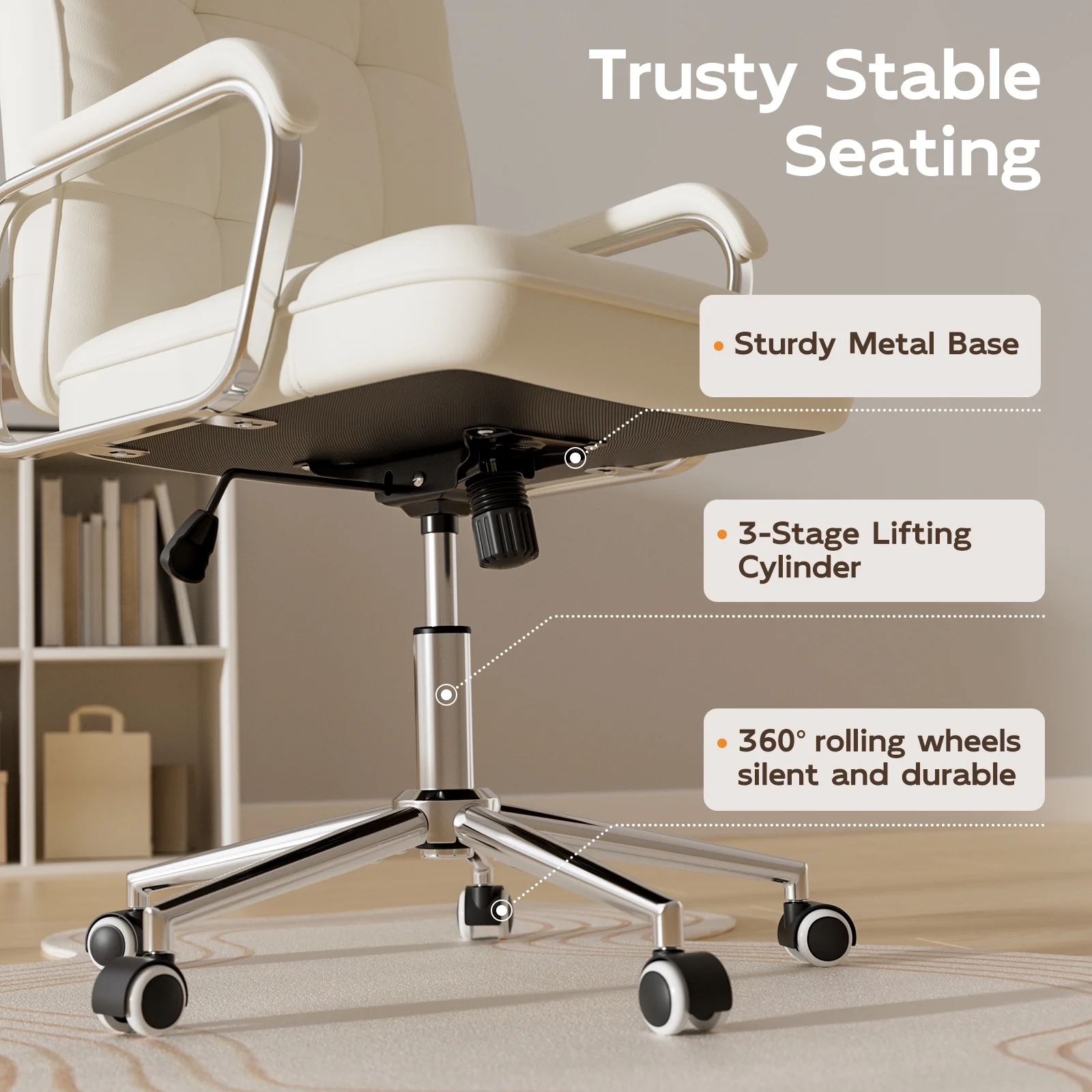 White Office Chair, Swivel Leather Computer Desk Chair with Wheels and Padded Arms, Executive Office Chair for Adults(White) Image 8