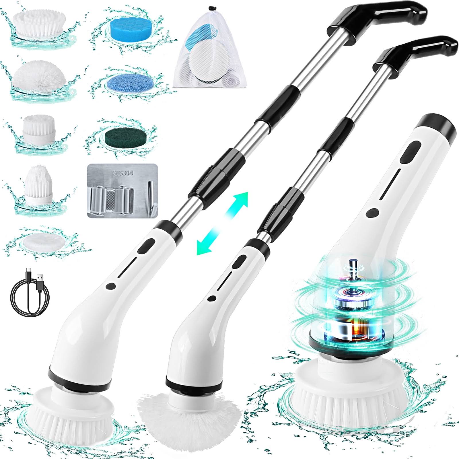 WLRETMCI Electric Spin Scrubber,Cordless Cleaning Brush with 8 Replaceable Brush Heads Extension Handle,Bathroom Power Shower Scrubber for Tub Floor