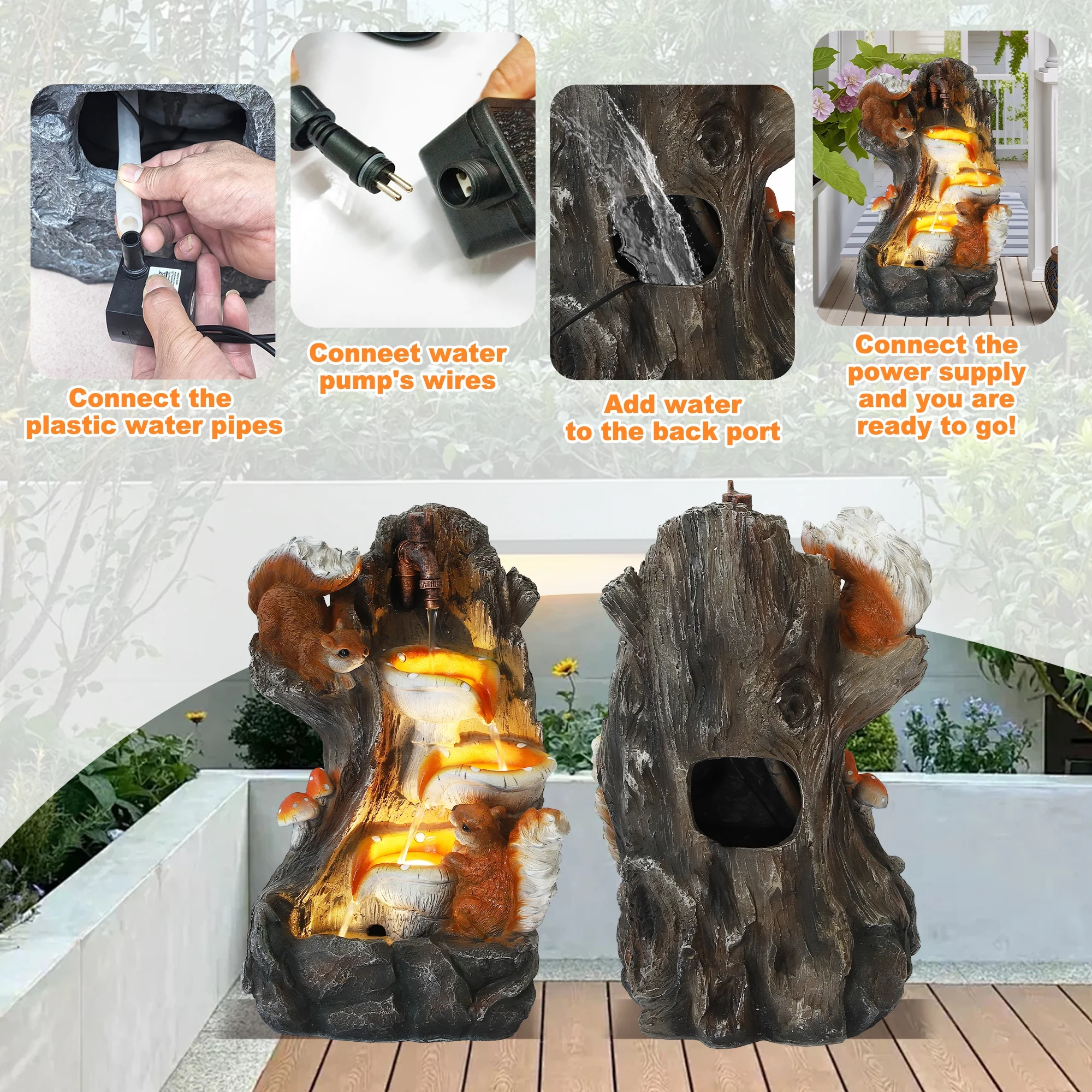 Outdoor Water Fountain, Garden Decor Outside Indoor Waterfall Cascading Rock Fountain with Retro Decorative Faucet, Patio Resin Fountains for Yard, Deck, Porch and Home, Imitation Stump - Image 4