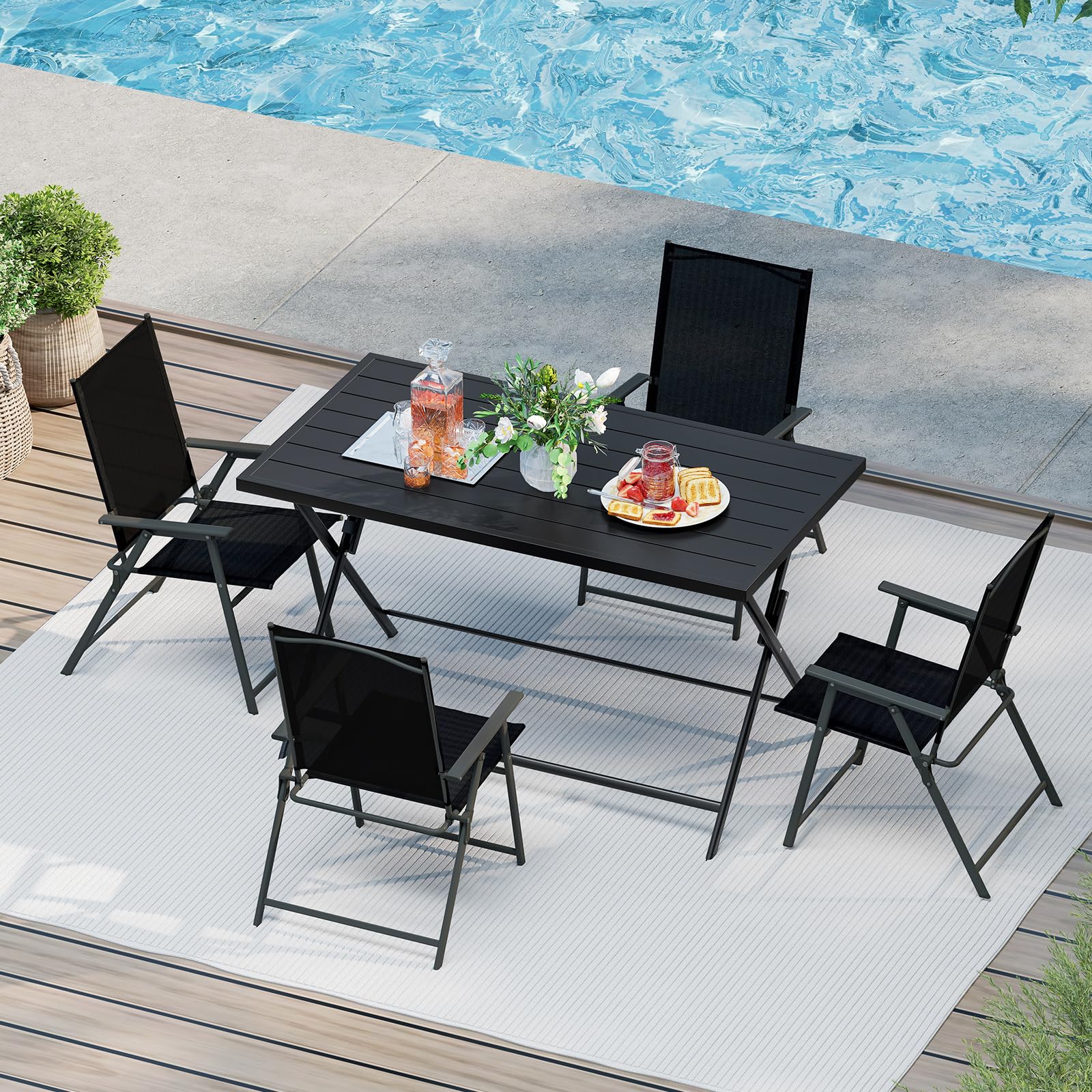 Tangkula Foldable Outdoor Dining Table 48inch x 30inch Rectangular Metal Patio Table with Slatted Tabletop