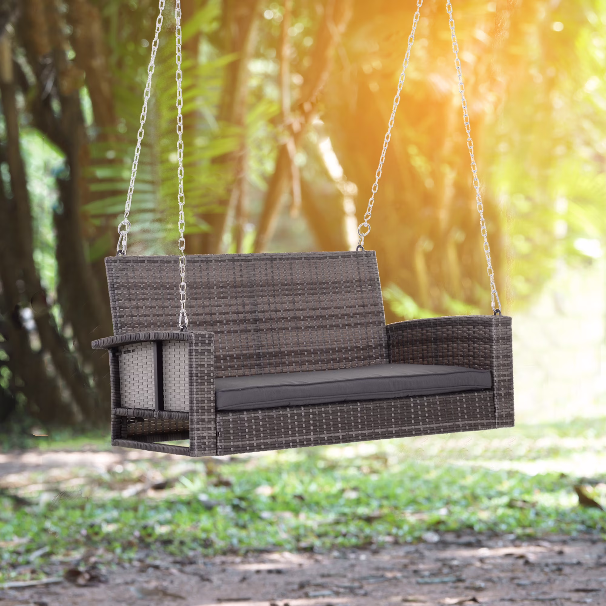 Outsunny 2 Person Wicker Hanging Swing Bench, Front Porch Swing Outdoor Chair with Cushions 550 lbs. Weight Capacity for Backyard, Garden, Cream White