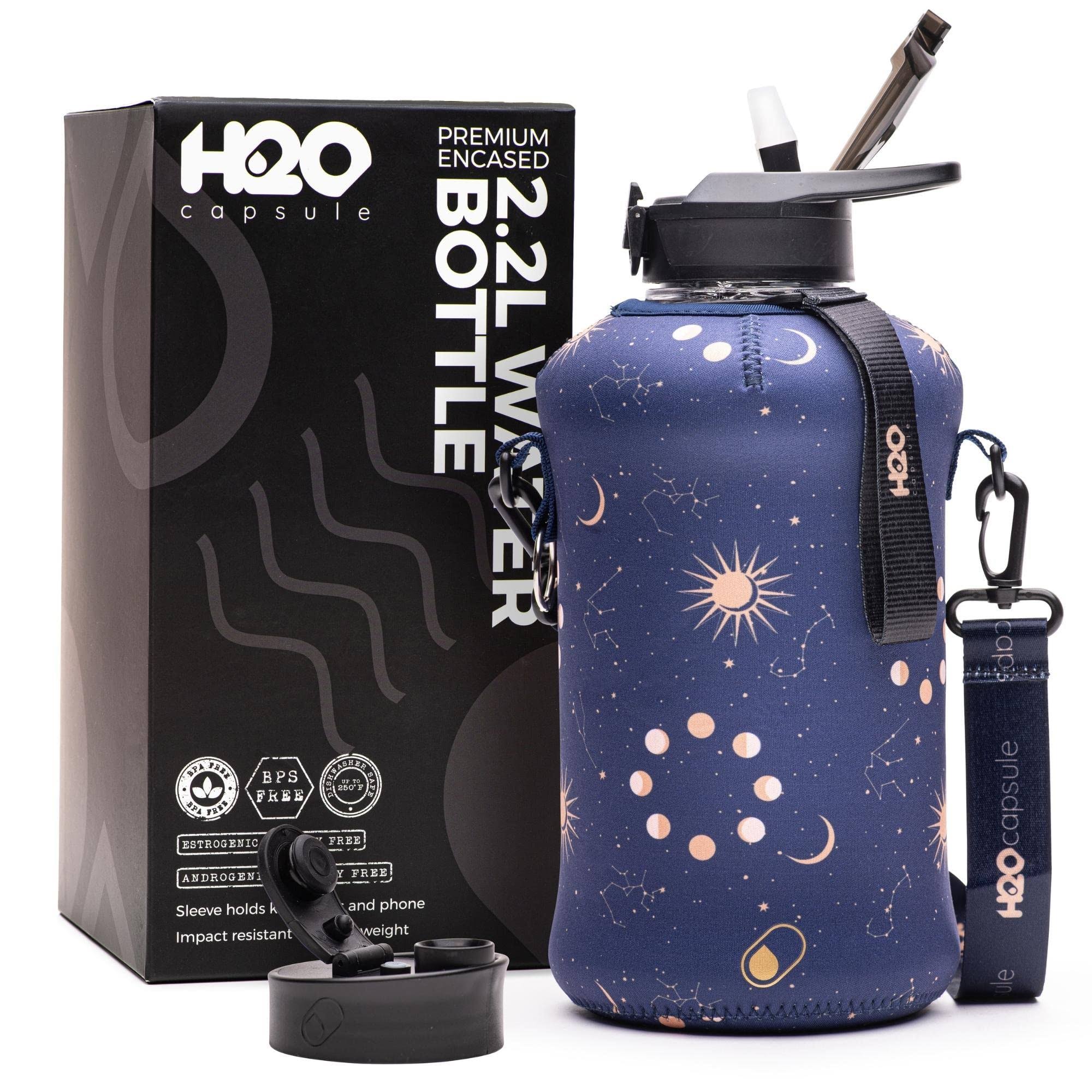 H2O Capsule 2.2L Half Gallon Water Bottle with Storage Sleeve and Straw Lid- BPA Free Large Water Bottle/2.2 Liter (74 Ounce) Big Sports Bottle Jug
