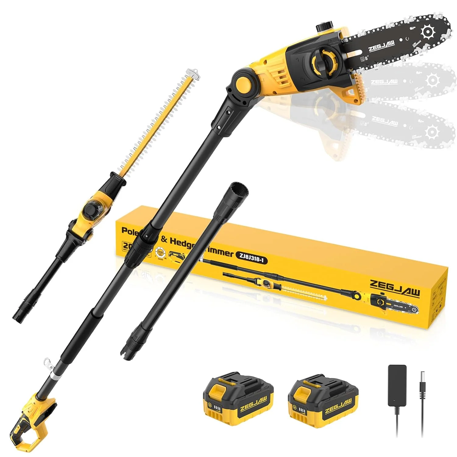 ZEGJAW 2-in-1 8'' Pole Saw & 18'' Pole Hedge Trimmer with 2x3.0Ah Battery