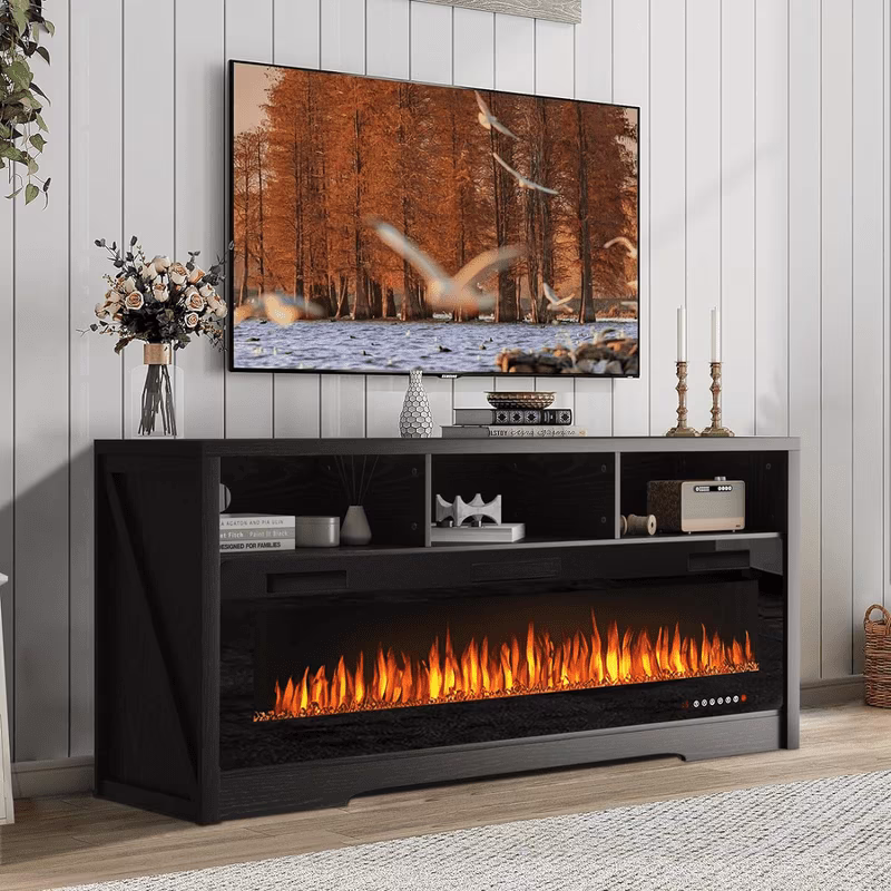 Fireplace TV Stand for TVs Up to 75" TV with 60" Electric Fireplace,Entertainment Center with Open Shelve Storage(Black)