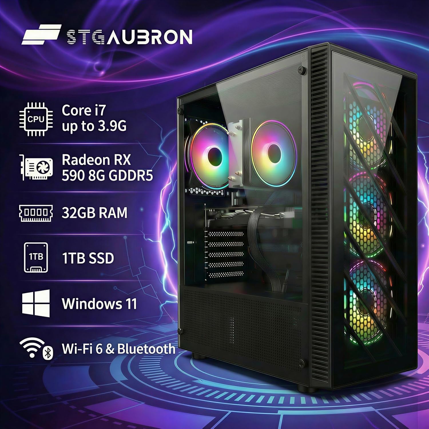 STGAubron Gaming PC Desktop Computer  Radeon RX 590 8G  Intel Core i7 up to 3.9G  32GB RAM  1TB SSD  WiFi 6  BT 5.0  RGB Fan x4  Windows 11 Home