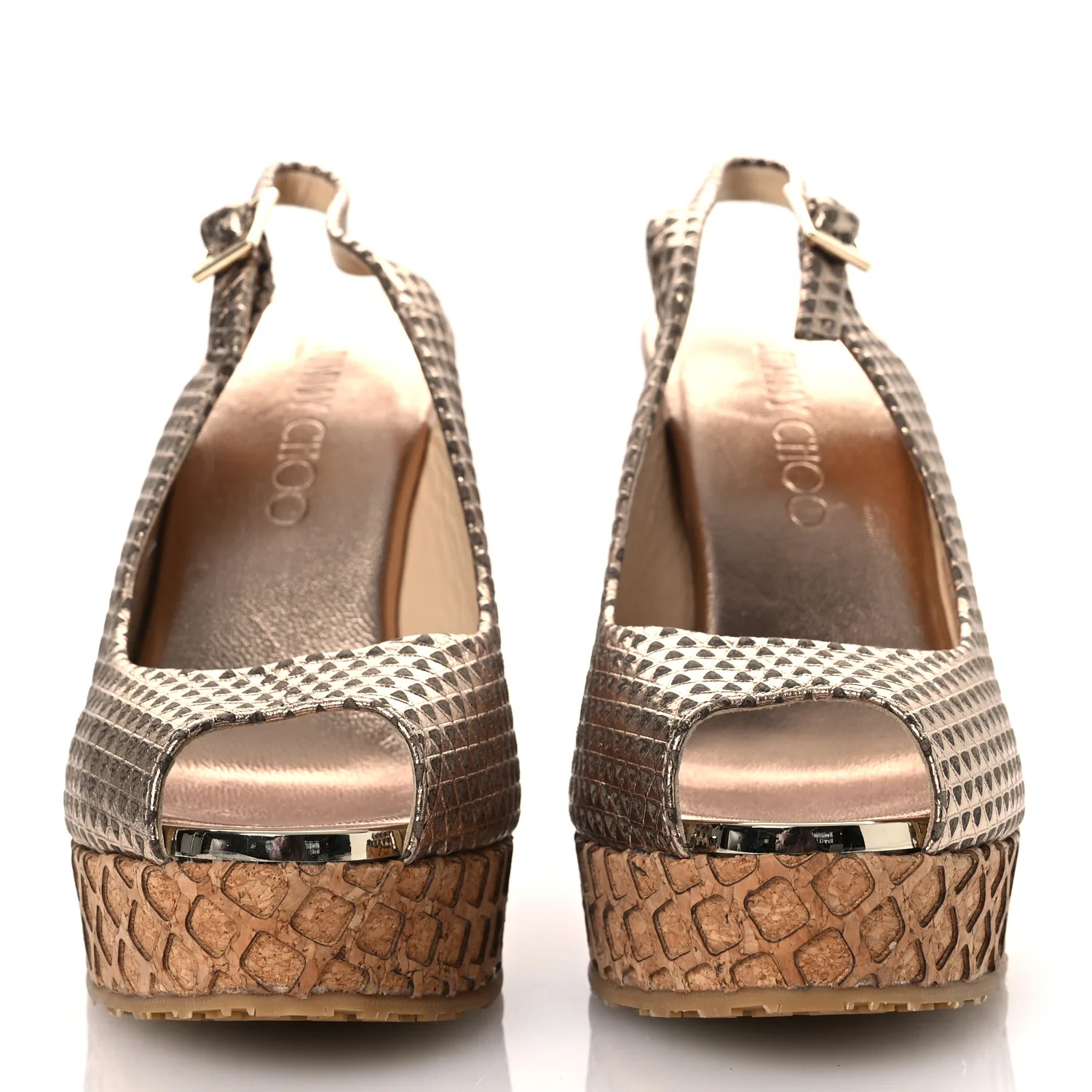 Metallic Embossed Calfskin Pacific 120mm Peep-Toe Cork Wedge Sandal 36 Gold
