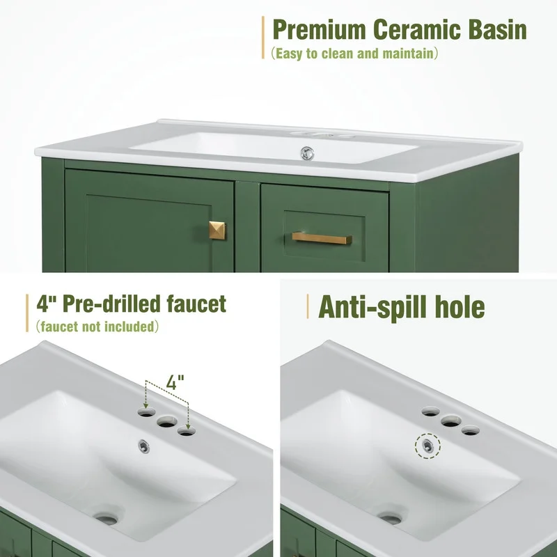 30" Bathroom Vanity with Sink, Modern bathroom sink cabinet with Soft-Close storage Drawers, Freestanding Vanity with Ceramic Top (Green)(Green) - Image 10