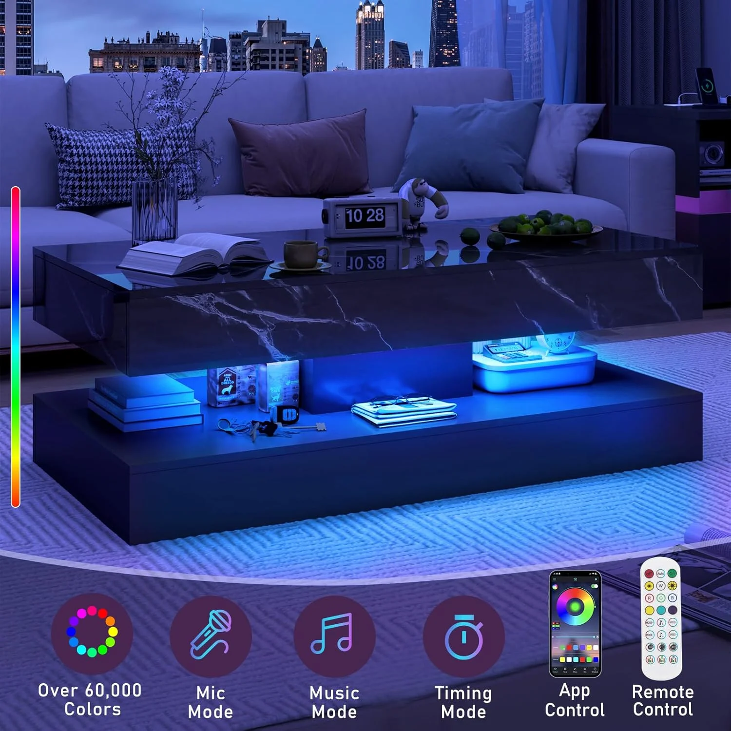 Large Black LED Coffee Table with 2 Storage Drawers, Modern High Gloss Coffee Table w/20 Colors LED Lights/APP Control, 2 Tiers Rectangle Large Living Room Furniture w/Marbling Print(47.3")(Black Marbling Print) - Image 10