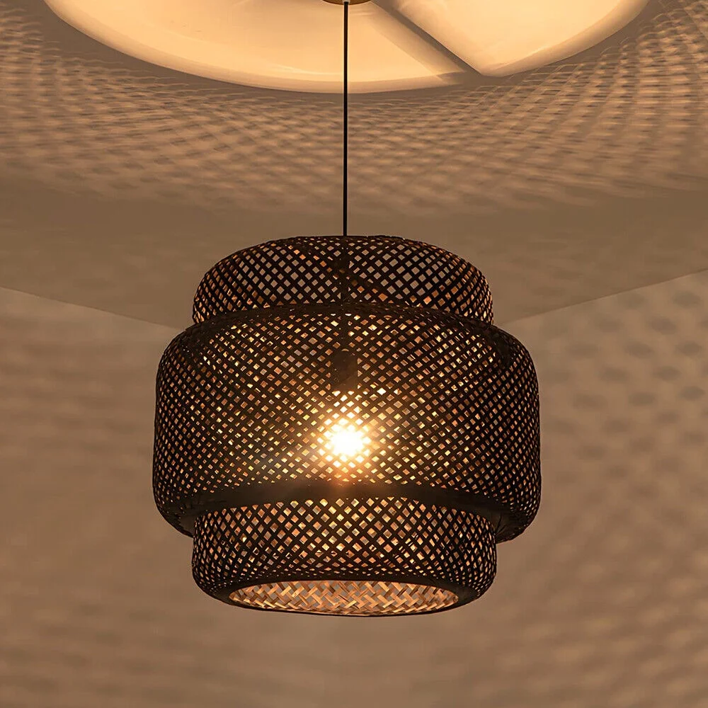 Arturesthome Vintage Chandelie Bamboo Woven Pendant Light Hanging Ceiling Lamp Decor Black