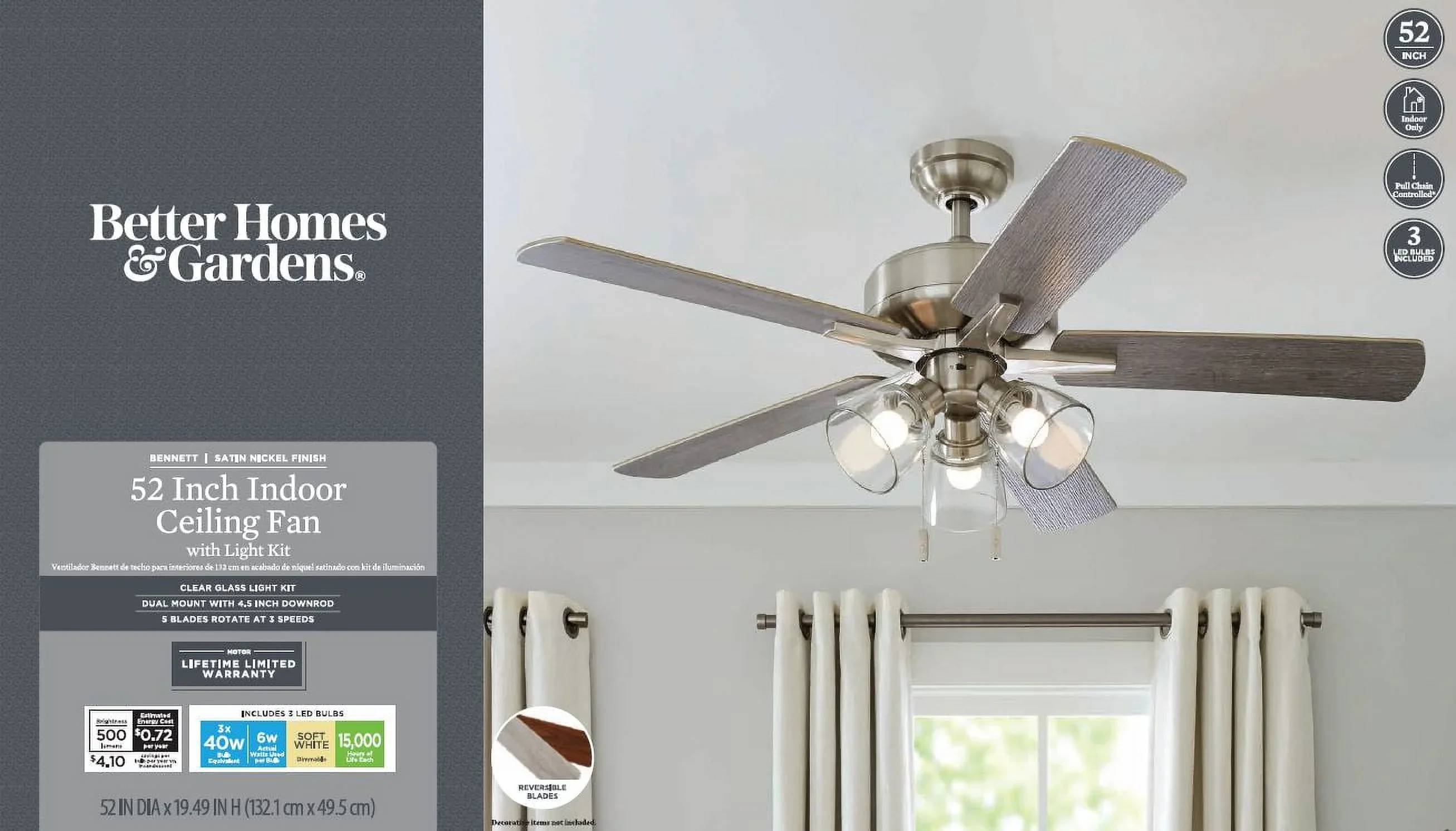 Better Homes & Gardens 52 Bronze Transitional Ceiling Fan, 5 Reversible Blades, 3 LED Bulbs Included