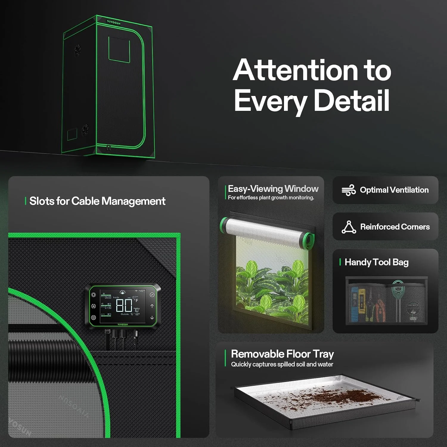 S336 3x3 Grow Tent, 36"x36"x72" High Reflective Mylar with Observation Window and Floor Tray for Hydroponics Indoor Plant for VS2000/VS3000 - Image 6