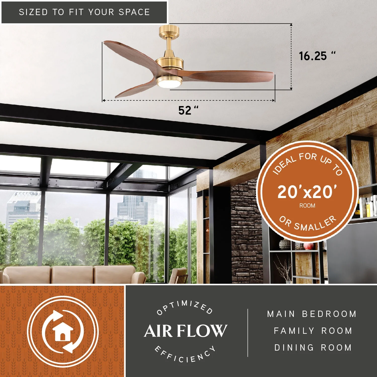 Curtiss Satin Brass Mid-Century Modern MCM Wood Propeller Ceiling Fan with LED Light Kit and Remote(Satin Brass) - Image 2