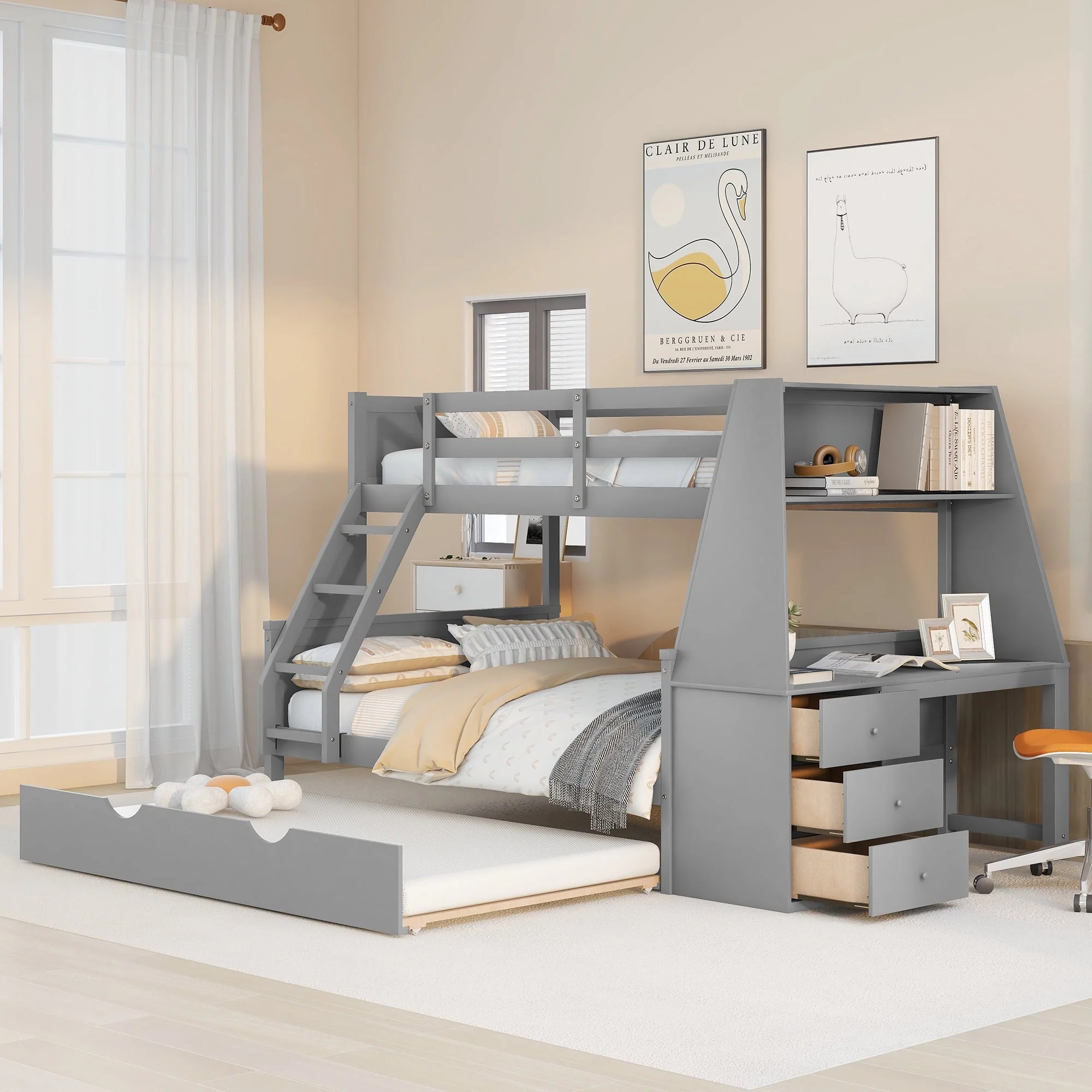 EUROCO Twin Over Full Bunk Bed with Trundle, Built - in Desk with Bookcase and 3 Drawers for Kids, Gray