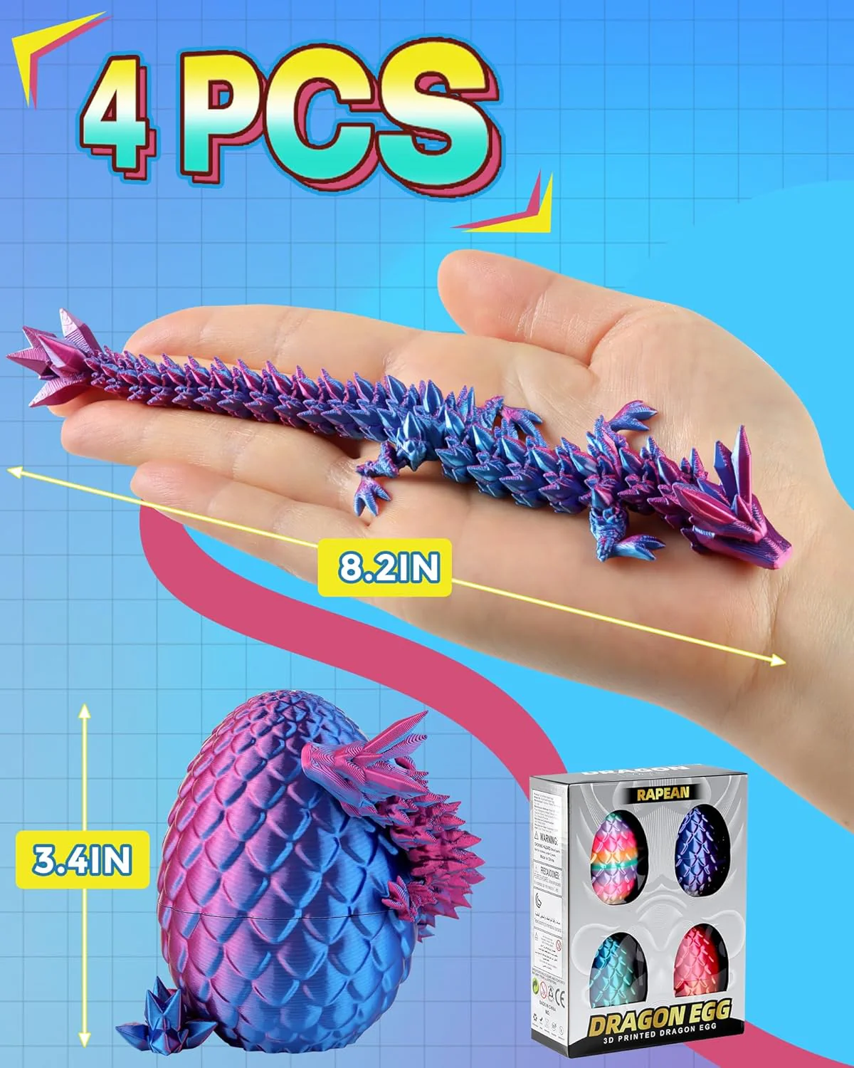 8 3D Printed Dragon Eggs (4 Pack), Unique Easter Basket Stuffers & Fantasy Toys
