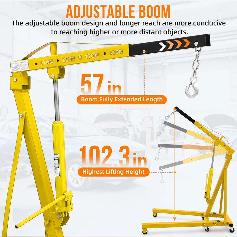 2 Ton Hydraulic Engine Hoist, Shop Crane, Cherry Picker with Telescoping Boom and 6 Casters for Garage Workshop Automotive Repair, Yellow - Image 3