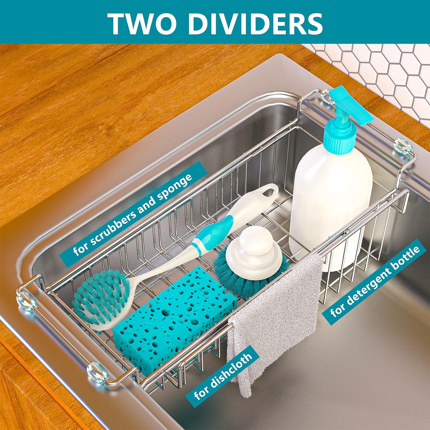 Over the Sink Caddy, Expandable Stainless Steel Sponge Holder for Kitchen Sink, 14.5-22 inch Sink Organizer Rack for Sponge, Soap, Brush, Dish Cloth and Rag, Rust-Resistant Drying Holder