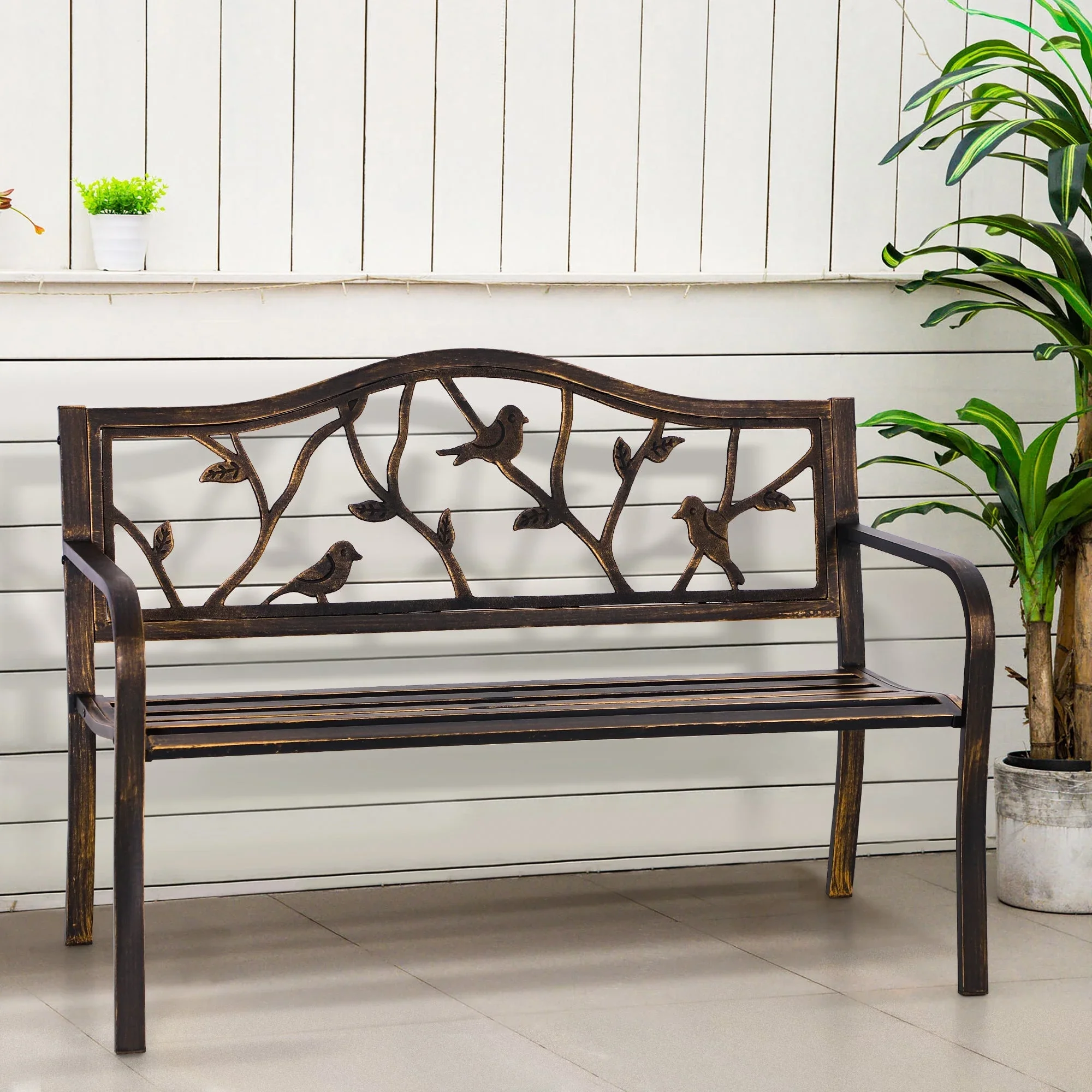 Alpha Joy 50 Outdoor Bench Metal Patio Garden Bench Slatted Seat for Lawn, Park, Porch, Backyard, Deck- Bronze
