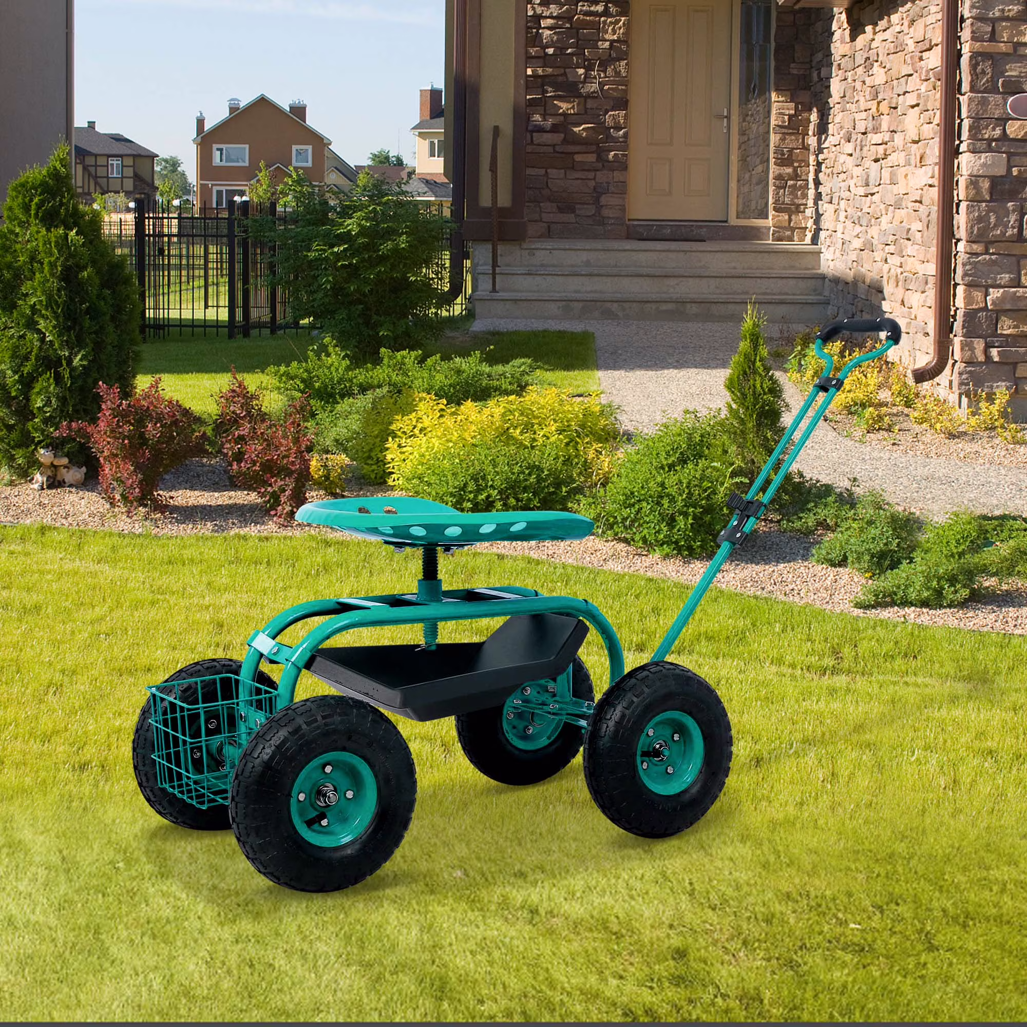 Aukfa Rolling Garden Cart Scooter with Swivel Seat, Wheels, and Tool Tray - Red