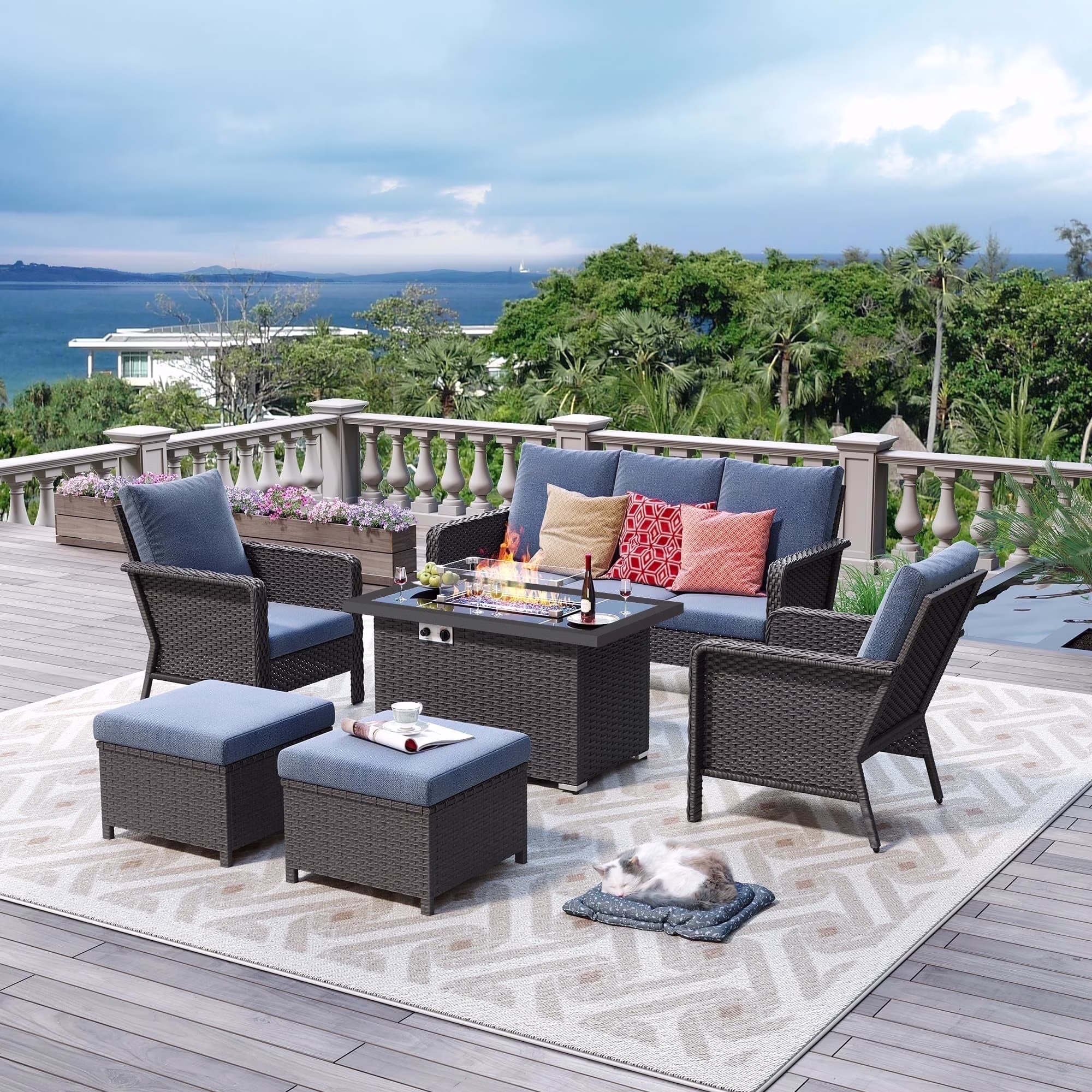 Brafab 7 Seat Outdoor Patio Furniture Set with 44 Gas Fire Pit Table, PE Wicker Patio Conversation Sets Cushioned Seat Couch Outdoor Sectional Chair Sofa Set for Yard Garden Porch