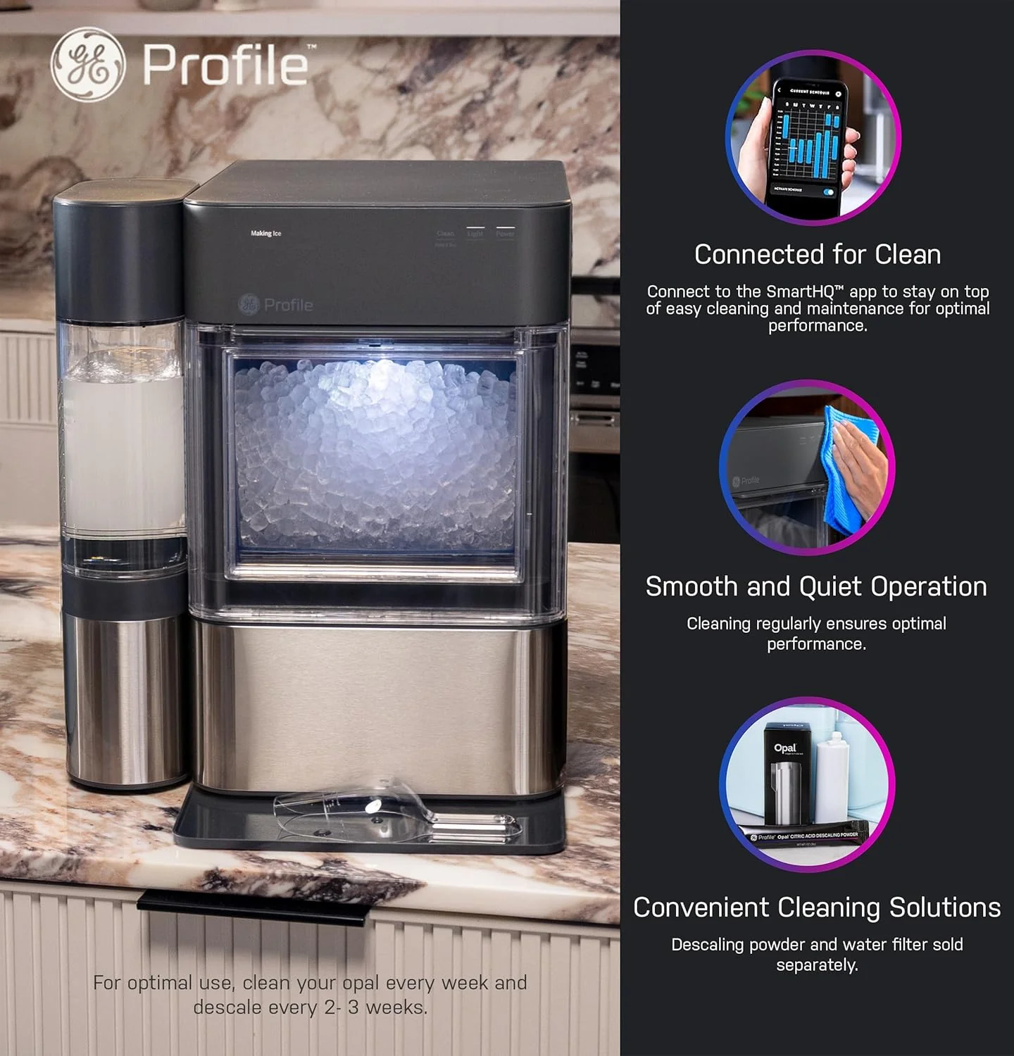 Machine à glaçons GE Profile Opal 2.0 XL avec réservoir de 3,8 litres, glaçons en pépites croquants et faciles à mâcher, pelle incluse, 17 kg en 24 heures, avec Wi-Fi et fonctionnalités intelligentes, en acier inoxydable.