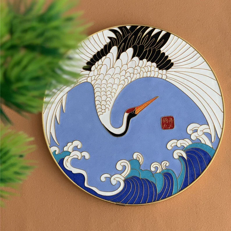 Blue Crowned Crane and Waves,Beginner Cloisonné Enamel DIY Kit, with Tutorial& All Tools