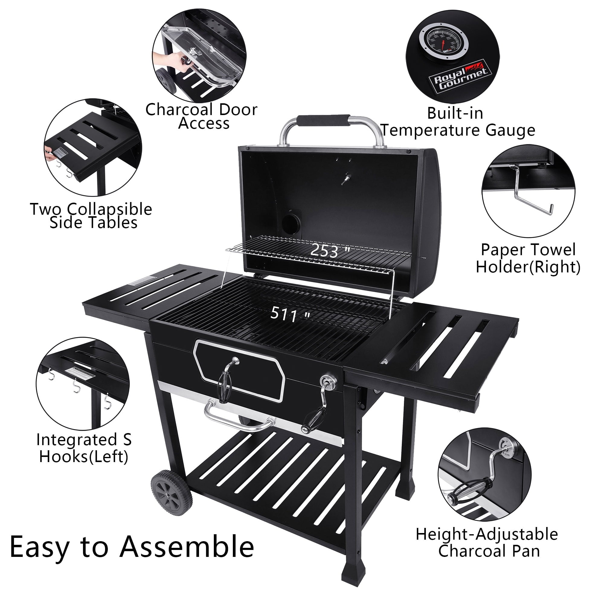 Gourmet 30 CD2030AN Deluxe Charcoal Grill. BBQ Smoker Picnic Camping Patio Backyard Cooking. Black