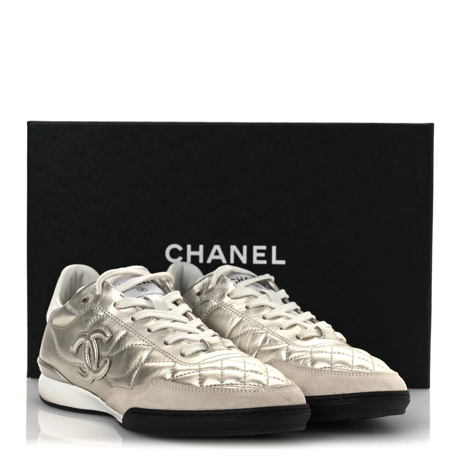 Laminated Calfskin Suede Quilted Womens CC Sneakers 39 Silver White