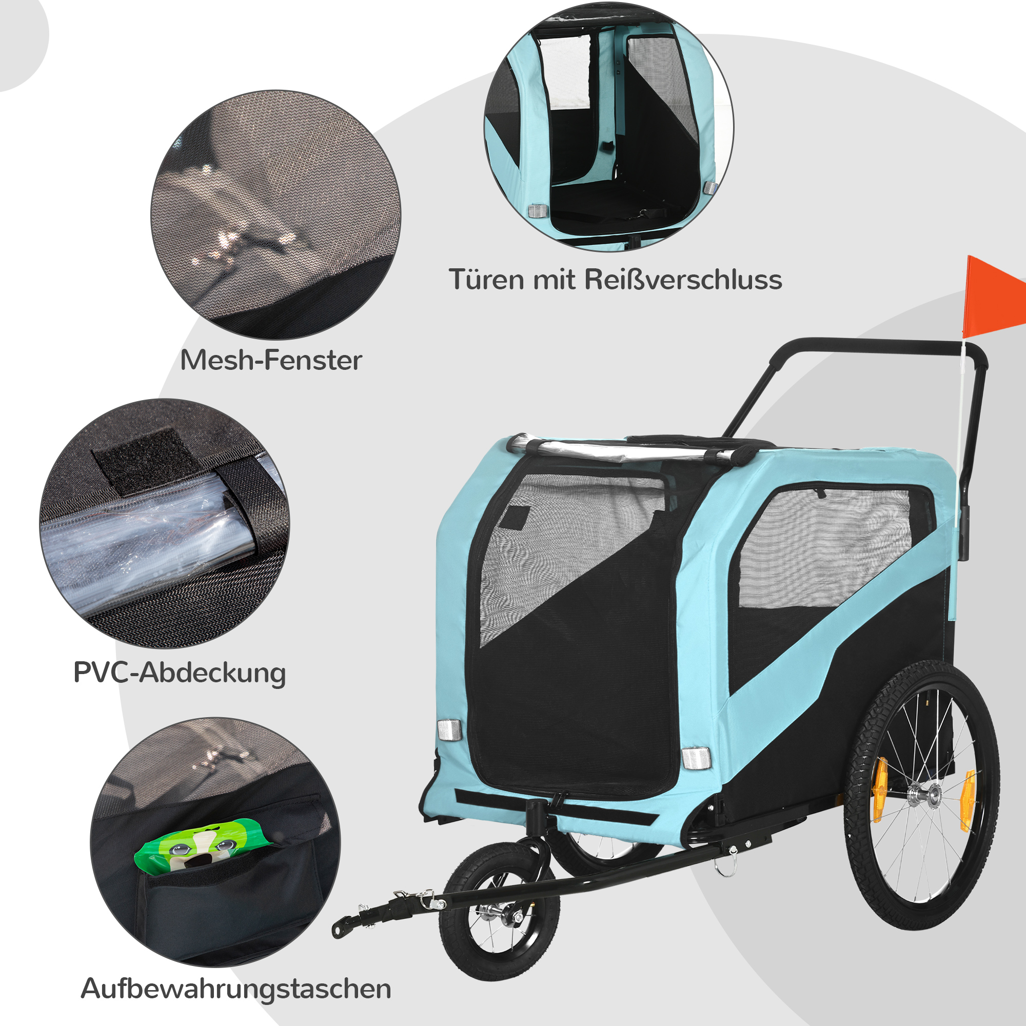 PawHut 2-in-1 hondenaanhanger, schuiffunctie, 2 ingangen, gaasraam, zonwering, stalen frame, lichtblauw, 170 x 77 x 90 cm