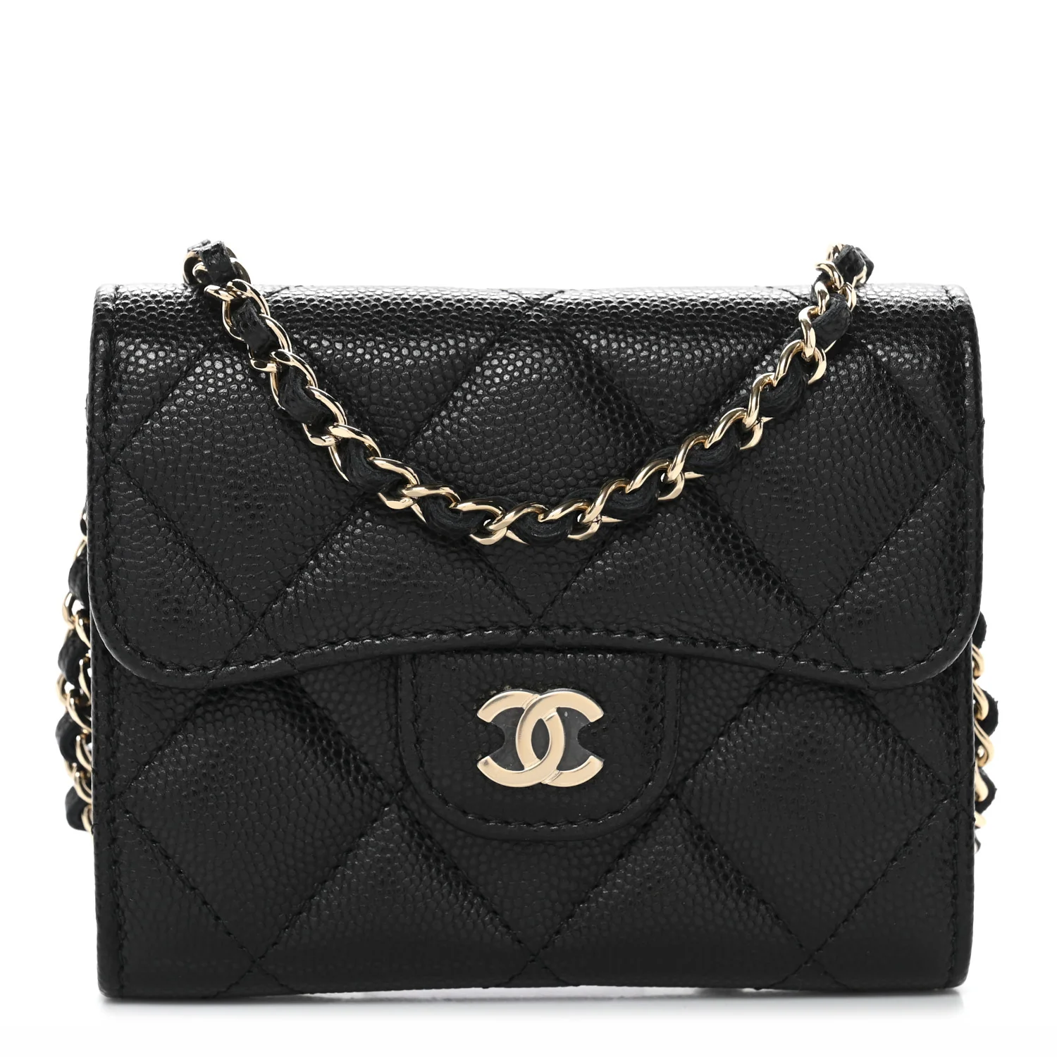 Caviar Quilted Flap Card Holder On Chain Black