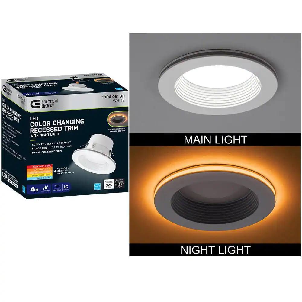 Commercial Electric 4 in. Color Selectable CCT Integrated LED Recessed Light Trim with Night Light Feature 625 Lumens Dimmable