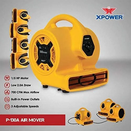 XPOWER P-130A 1/5 HP Multi-Purpose Mini Mighty Air Mover, Utility Fan, Dryer, Blower with Built-in Power Outlets